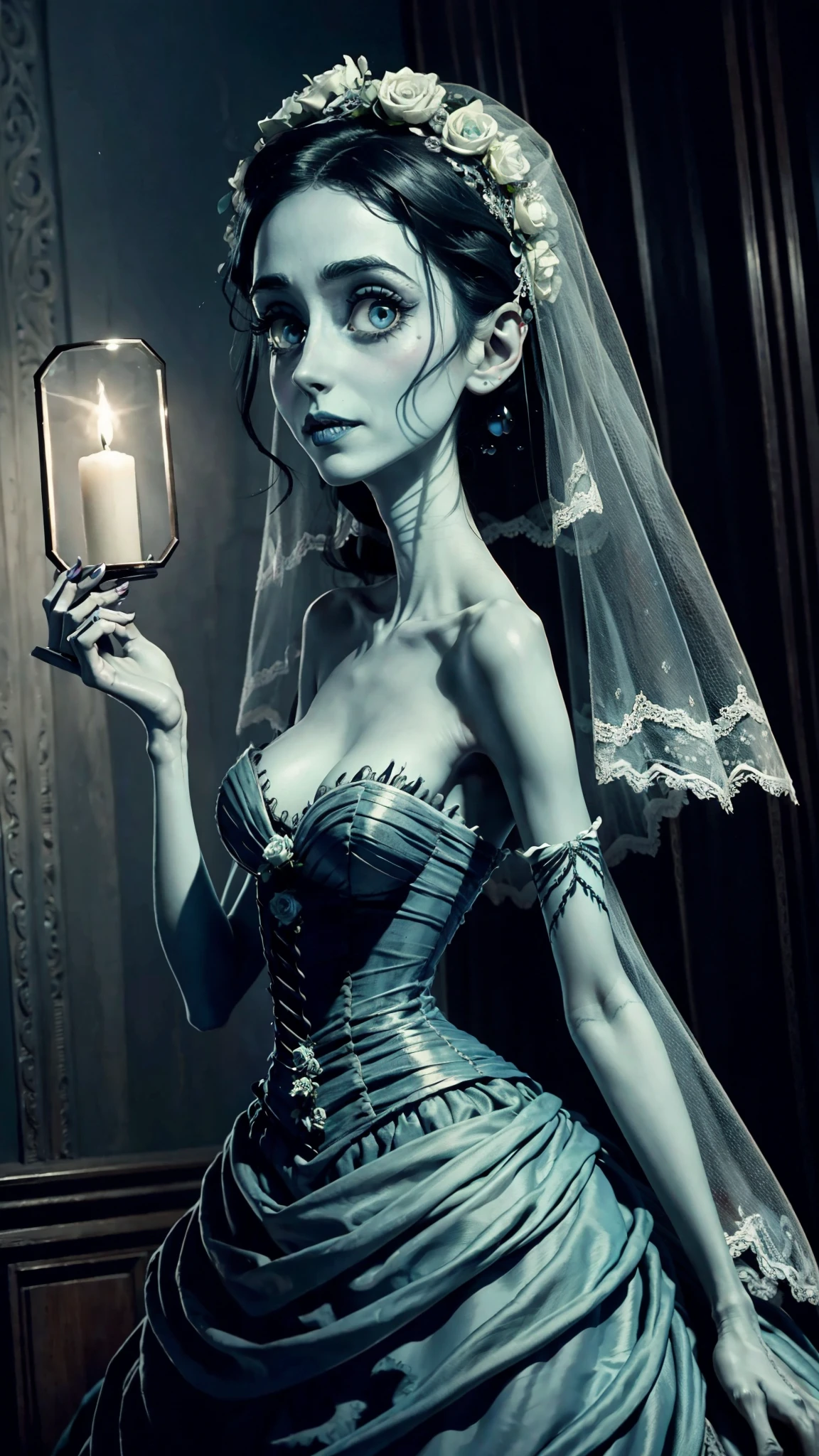 the corpse bride from Tim Burton's film, totally realistic, identical to the film, all body details completely faithful to the film, always repeating the same face, always repeating the same appearance, always repeating the same proportions, always repeating the same outfit, alone