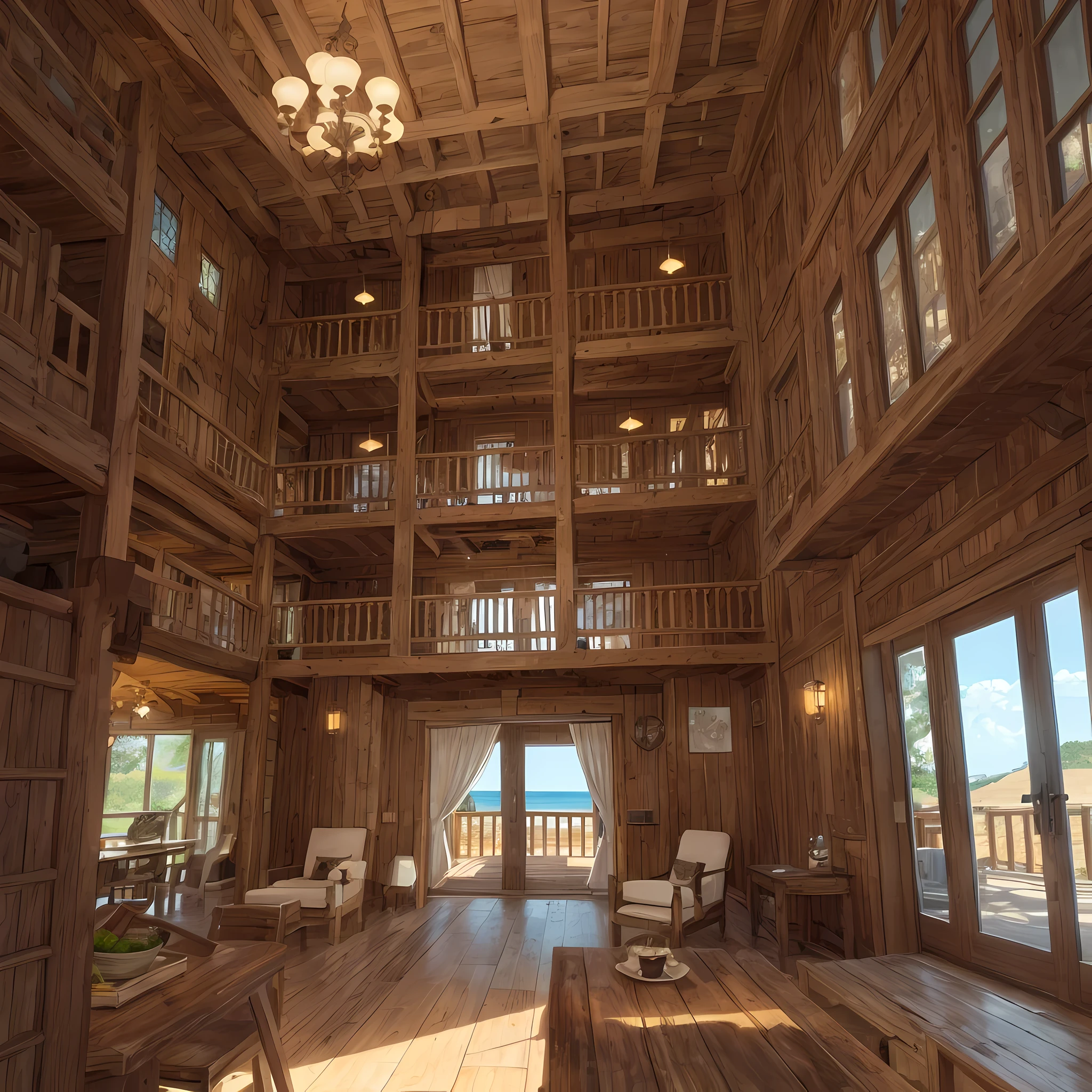 gigantic rustic wooden mansion on the beach