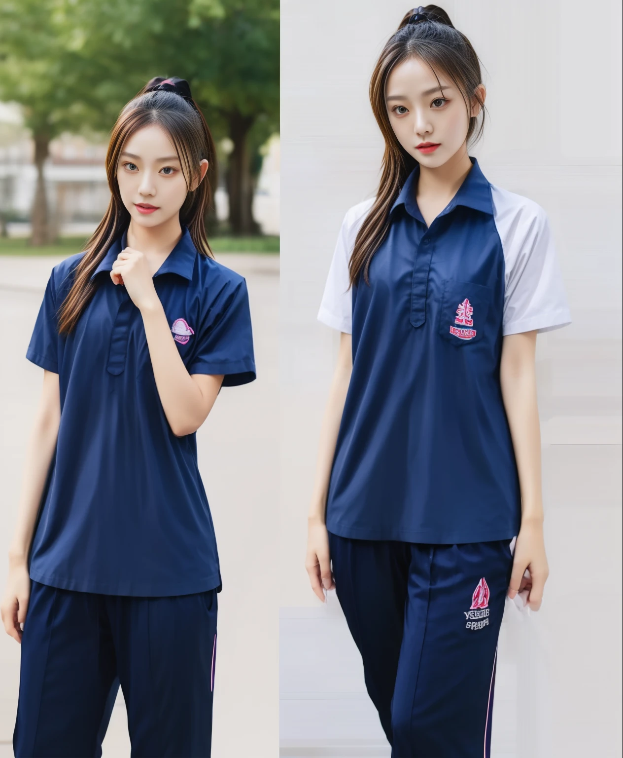 3 girls in fitness center, Navy blue short-sleeved shirt,Navy Long Trackpant,Sweatpants, Sweatpantsขายาว,25 year old girl, lesbian, sexy, exercise clothes, wet body, exercise clothes