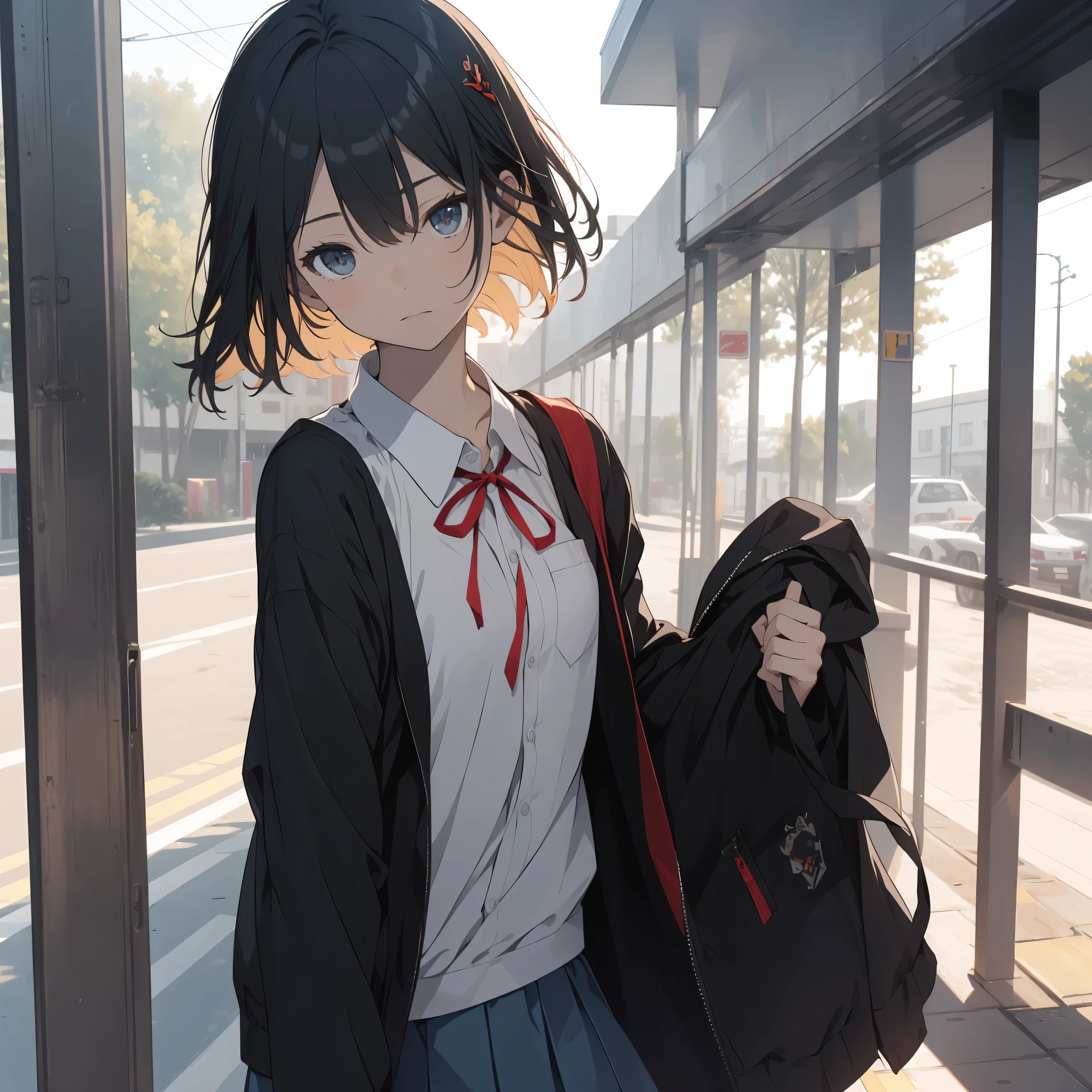 Super high quality by the art god, super detailed, High resolution, anime moe art style, best anime 8K konachan wallpaper, pixiv contest winner, perfect anatomy, break,(眠そうにalone学校へ行く女の子を描いてください. )break, 1 girl, (alone,little woman, ta, , 13 y),All limbs, full finger,, The charm of an immature body, (very short hair), flat chest, small ass, between legs, Small black eyes, beautiful and fine eyes, Well-proportioned iris and pupils, expressive eyes, High resolutionの詳細な髪, ribbon, skirt, collared shirt, hair ornaments, neck ribbon, pleated skirt, school uniform, shirt, white shirt, (detailed lighting), (detailed background), On the way to school. break,super dense skin, Best lighting by famous artists, 8K, figure,UHD, rough skin