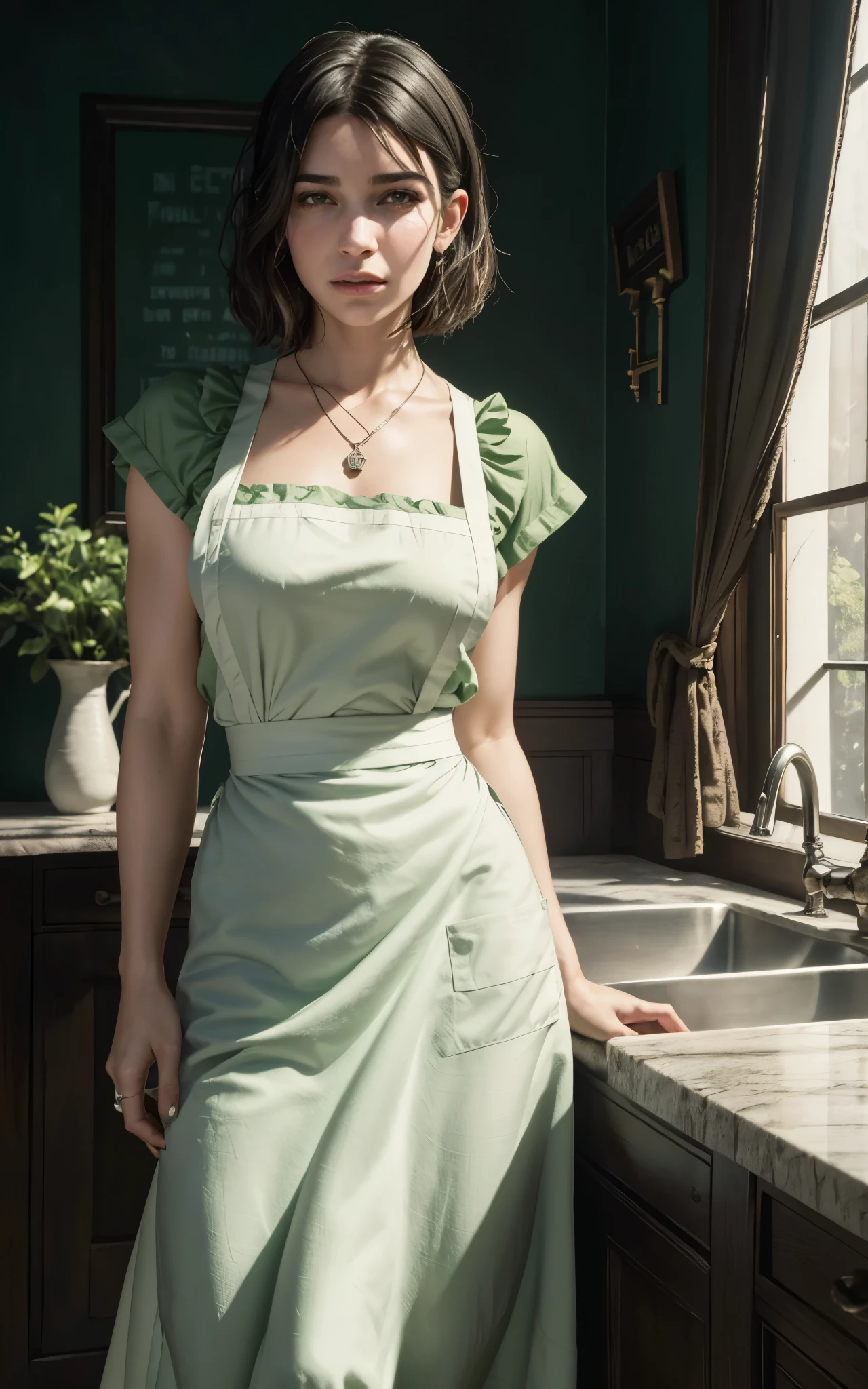 (Dua Lipa:Evangeline Lilly) waitress, ((white apron)), ((green shirt)), 1920 style, masterpiece, Lovecraft atmosphere, (pendant of a key), hyperdetailed, ((rule of thirds))