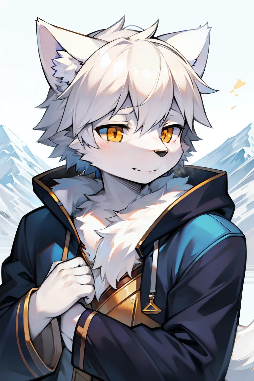 Snowy mountains Snow,full bodyesbian,Young Wolf,人物,tmasterpiece,Blue down jacket,furry tail,Highest image quality,8k,Full HD background,cartoony,adolable,kemono,male people,a plush,furry,White fur,White body,White ears,Orange-yellow eyes,solo person, Wolf tail, Wolf ears, ((half-body portrait)),Soft lines,Soft lines of clothing