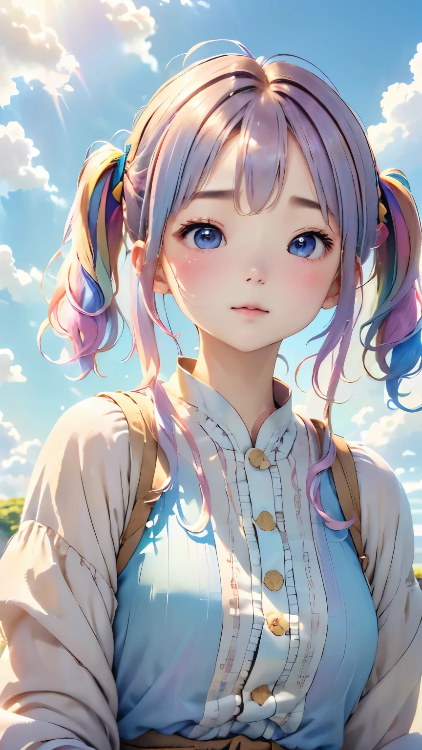 (((Floating in the sky:1.2、one girl、Stand on the clouds)))、Pastel clouds、perfect anatomy、small face、small nose、plump lips、twin tails、rainbow colored hair、Messy clothes、disheveled clothing、unreasonable、Shooting in the sky、(((背景はPastel clouds:1.5、rainbow、blurred background)))、highest quality、High resolution、High resolution、cinematic lighting、professional photographer