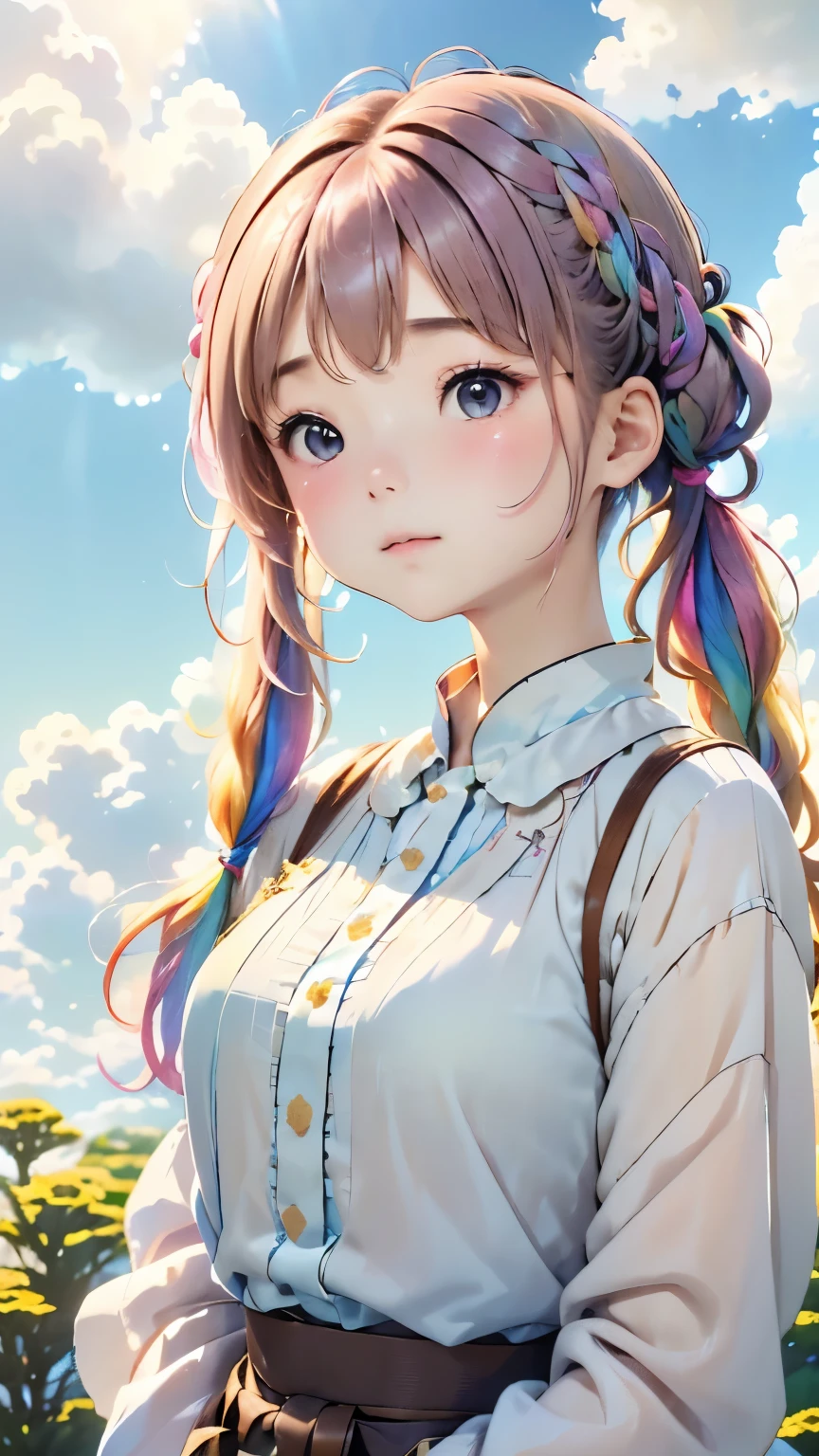 (((Floating in the sky:1.2、one girl、Stand on the clouds)))、Pastel clouds、perfect anatomy、small face、small nose、plump lips、twin tails、rainbow colored hair、Messy clothes、disheveled clothing、unreasonable、Shooting in the sky、(((背景はPastel clouds:1.5、rainbow、blurred background)))、highest quality、High resolution、High resolution、cinematic lighting、professional photographer
