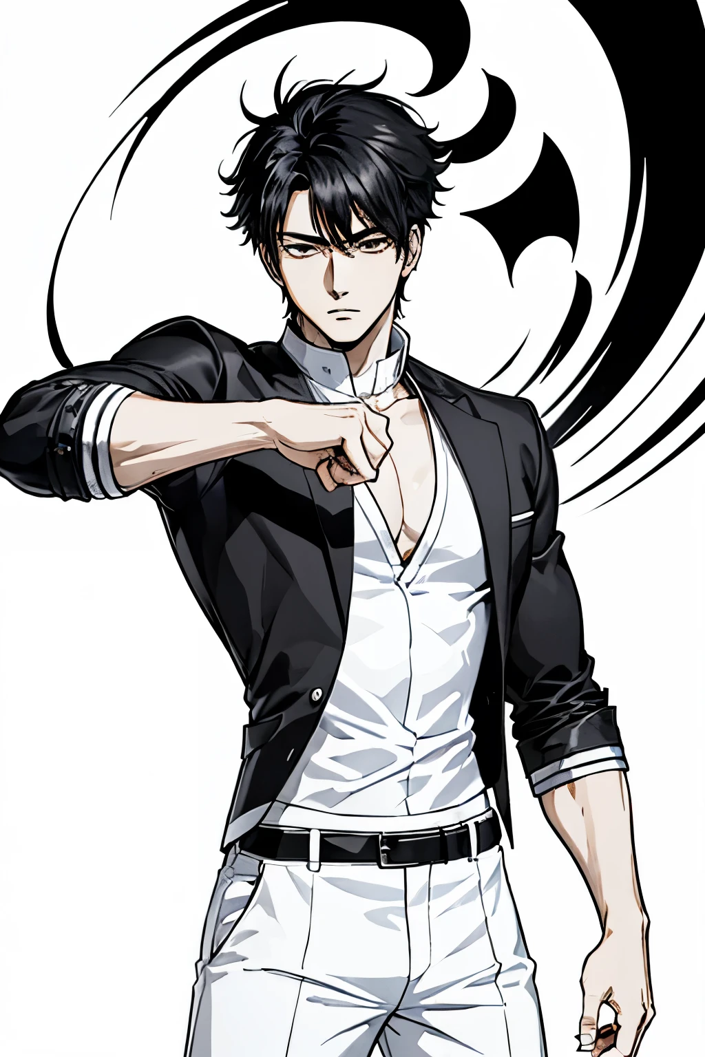 masterpiece, ultra detailed, 4K, 8K, 32K, intricate, (((1boy))), ((black hair)), ((no background)), white background, detailed eyes, white shirt and black pants, school uniform, handsome young man, 20 year old, (((same character))), dynamic pose, anatomically correct hands, average muscle mass, modern clothing, detailed clothes, (slender body), Hideaki Sorachi, Bleach, Tite Kubo, Kazuki Yone, (((stylish haircut)))