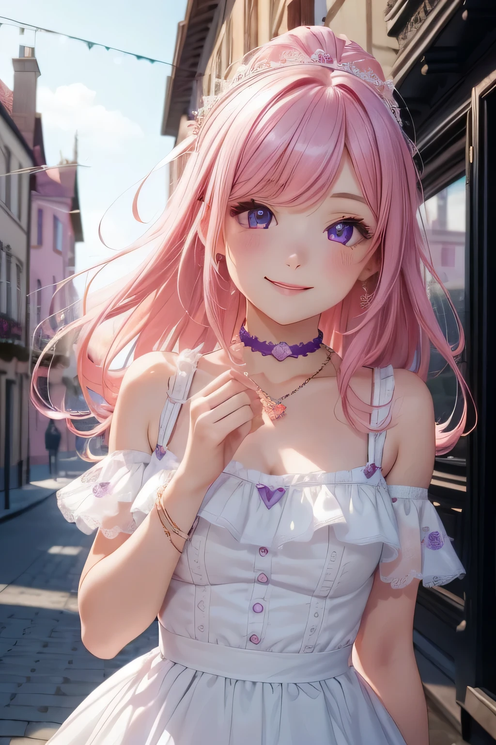 (((highest quality))), ((super detailed)),((very delicate and beautiful)), ((16k)), girl, pink hair, purple eyes, choker (types of necklaces), Wearing cute and adorable costumes, (smile), Background of the cityscape, date,