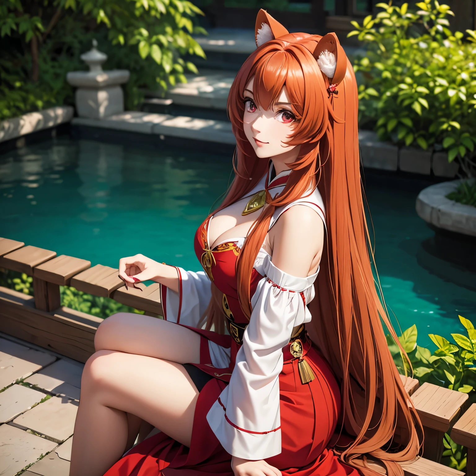 Raphtalia beautiful woman 22 years old - with round animal ears, cabello naranjo brillante, sonrisa amable, piel clara, red eyes like rubies, disfraz romano. color rojo, pechos grandes bien formados escote, pechos grandes. chinese garden bottom neckline. disfraz rojo, disfraz rojo . sexy pose ruby red eyes. orejas de animal redondas