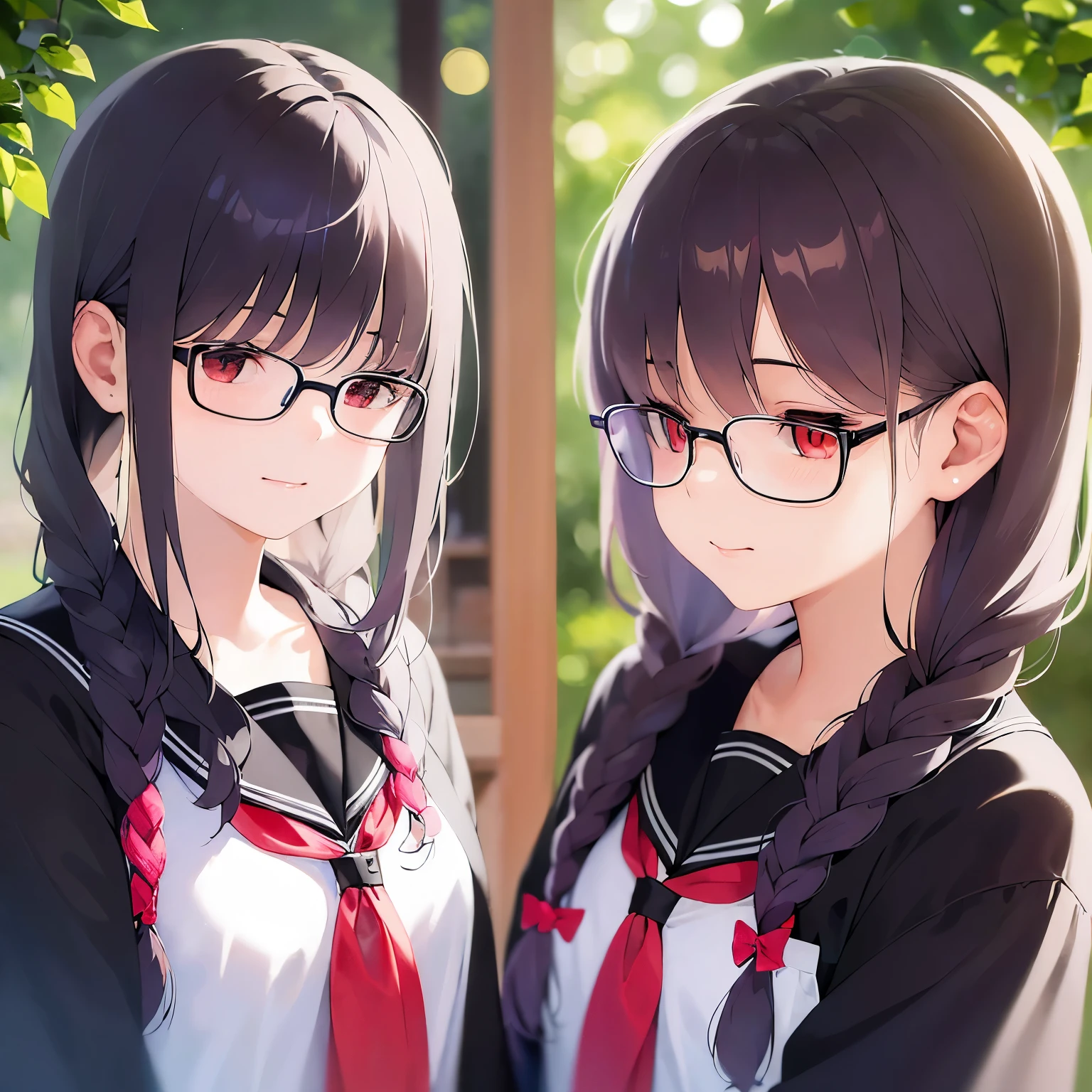 (looking away:1.5), side angle, plastic frame eyewear, 高品質、傑作、Realistic, real person, RAW photo, photorealistic, portrait photography, shiny skin, japanese idol、shiny hair、hair over eyes, (黒い前髪がある髪の15歳の女性) and (braids) and (red eyes), school uniform, Sailor suit, sad smile, 背景は学校の教室、