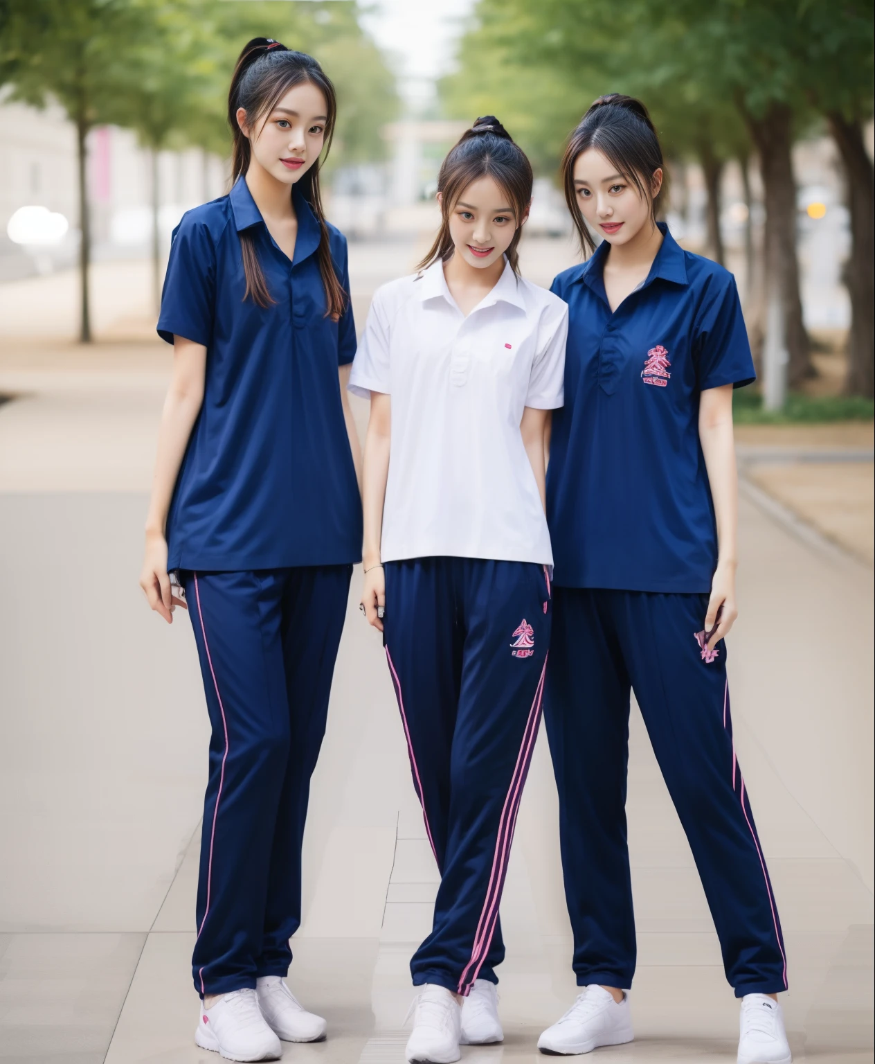 3 girls in fitness center, Navy blue short-sleeved shirt,Navy Long Trackpant,Sweatpants, Sweatpantsขายาว,25 year old girl, lesbian, sexy, exercise clothes, wet body, exercise clothes