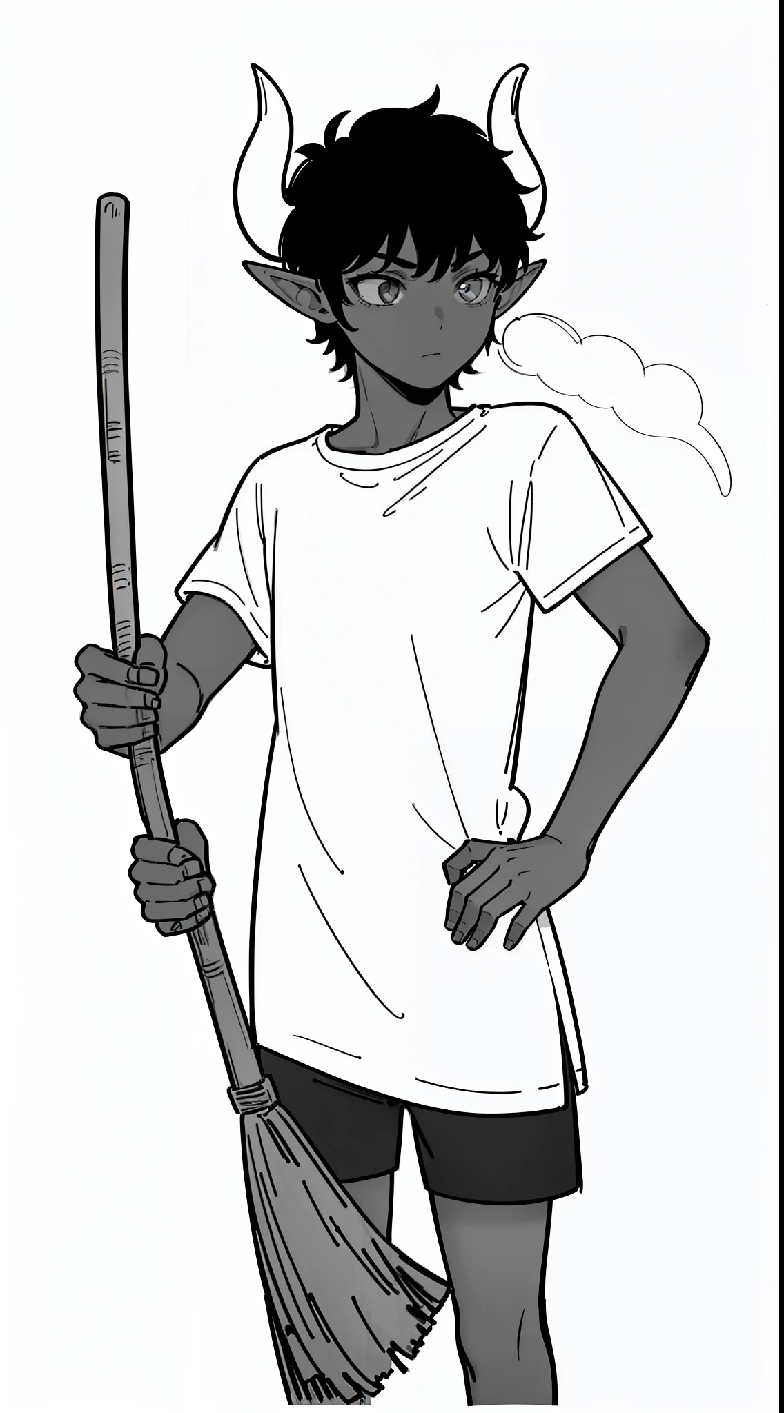 1boy,8 years,solo,((dark skin)),((white shirt,short sleeves,black shorts,black hair,elf ears,(horns),cowboy shot,(white background,line drawing),standing,sweeping with a broom