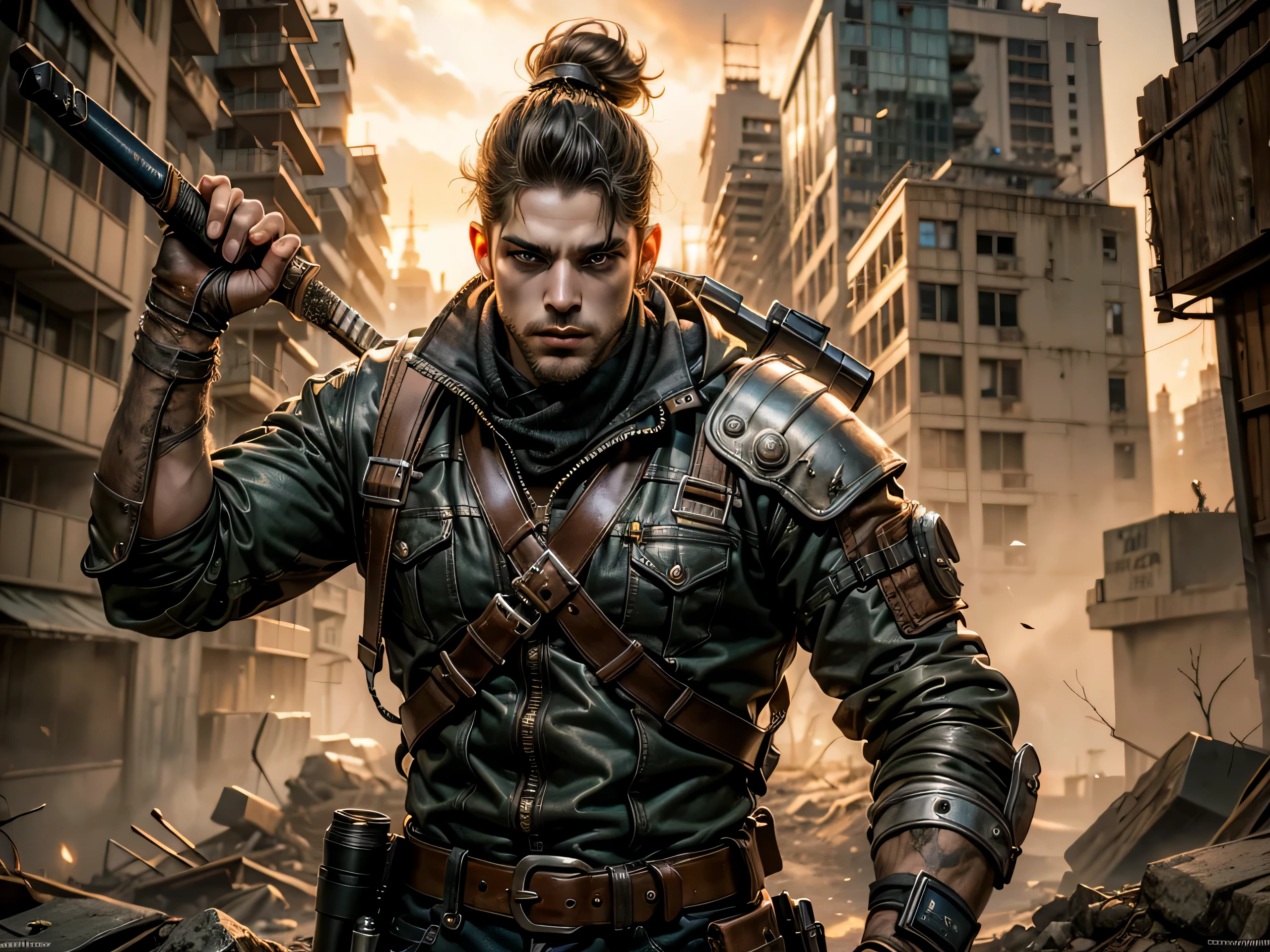 ((1 hombre guapo y musculoso, post apocalyptic, guerrero espada en la mano)), Rostro nitido perfectamente detallado y cuerpo perfectamente detallados, dynamic pose, cabello hermoso y detallado, ropa de cuero, Realista, fotorrealista, 8k, Fotos CRUDAS, ((Calidad premium superior)), (obra maestra), epic lighting. de cerca, Imagen centrada