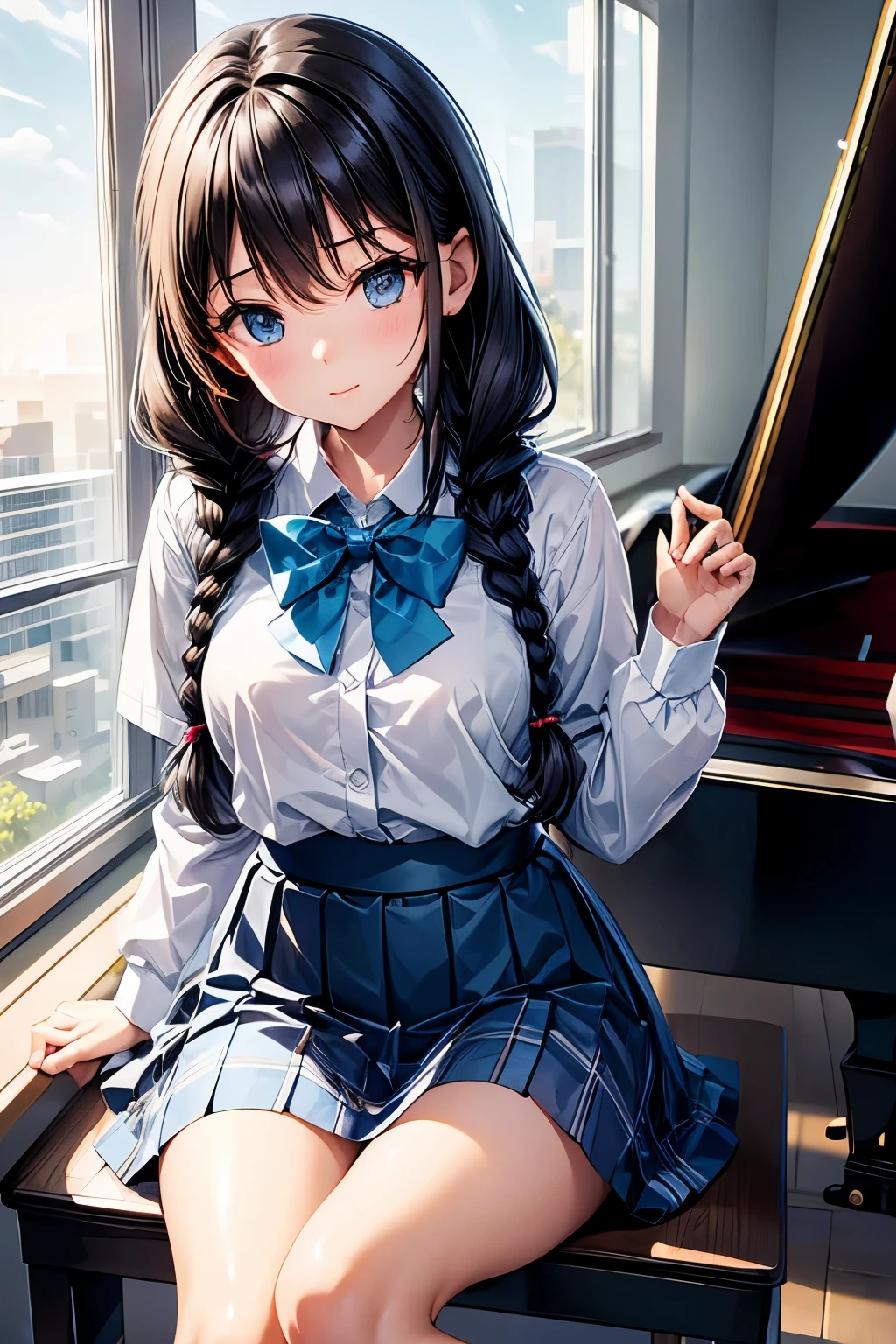 (8K, highest quality, table top:1.2)、Super high resolution、1 16-year-old female、finger details、head tilt、detailed face、deep, fine eyes、Happy、Long-sleeved school uniforms、Plaid skirt and navy skirt、black hair、twin braids、solo、Seduce me by showing me your panties while opening your legs、finger details、((Grand piano available)) ,school music room、sunset