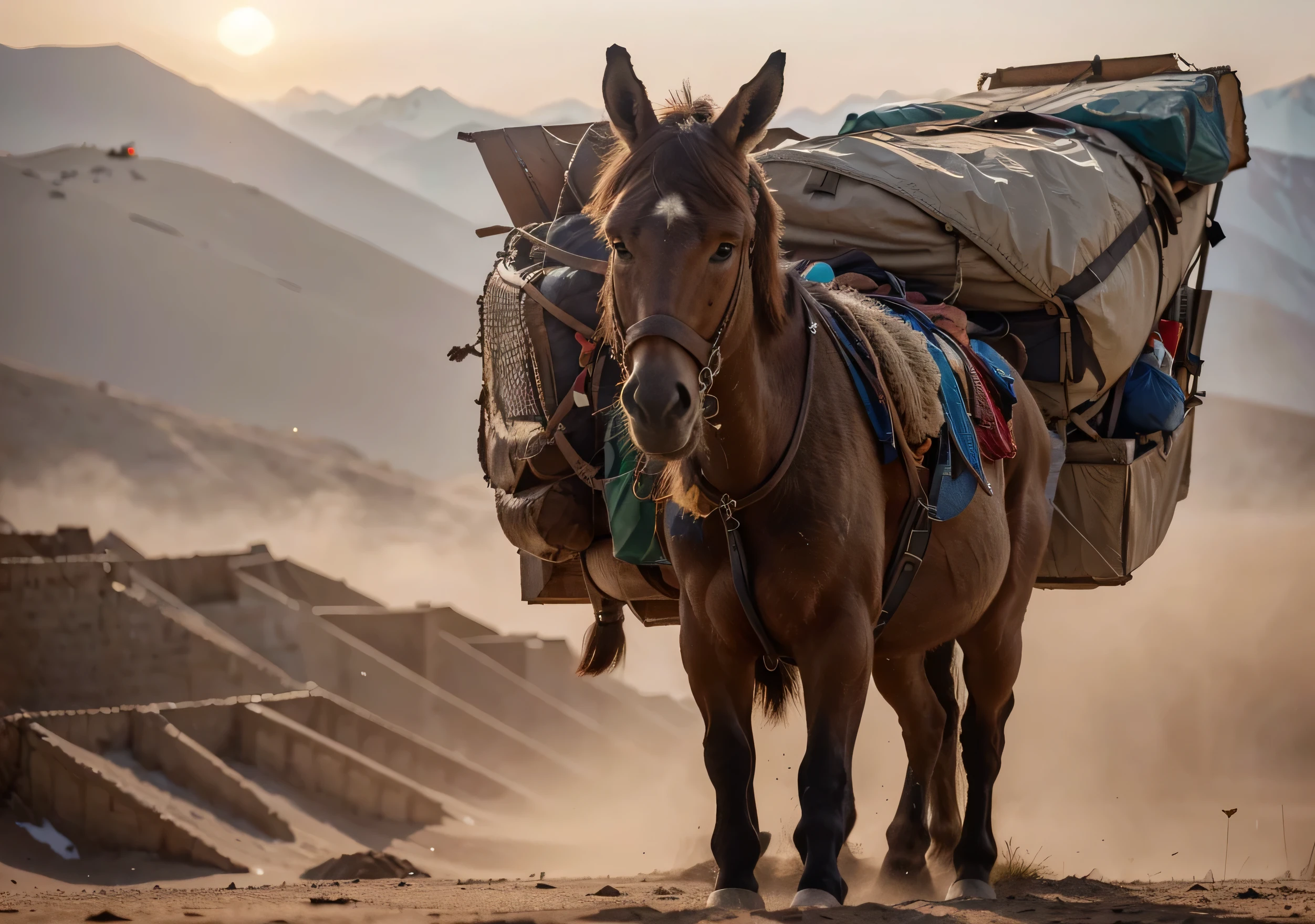 donkey with brown fur, lleva carga, bolsas y cajas, It's in the mountains of Afghanistan.., mid afternoon hermoso sunset, 4k, ultra detallado image, Realista, muy detallado, perfect composition, gorgeous, Intrincadamente detallado, incredibly detailed, 8 k artistic photography , hiper detallado, obra maestra, ultra detallado, hyper Realista, 4k, ultra detallado image, Realista, muy detallado, perfect composition, hermoso, Intrincadamente detallado, incredibly detailed, 8K fine art photography, hiper detallado, obra maestra
