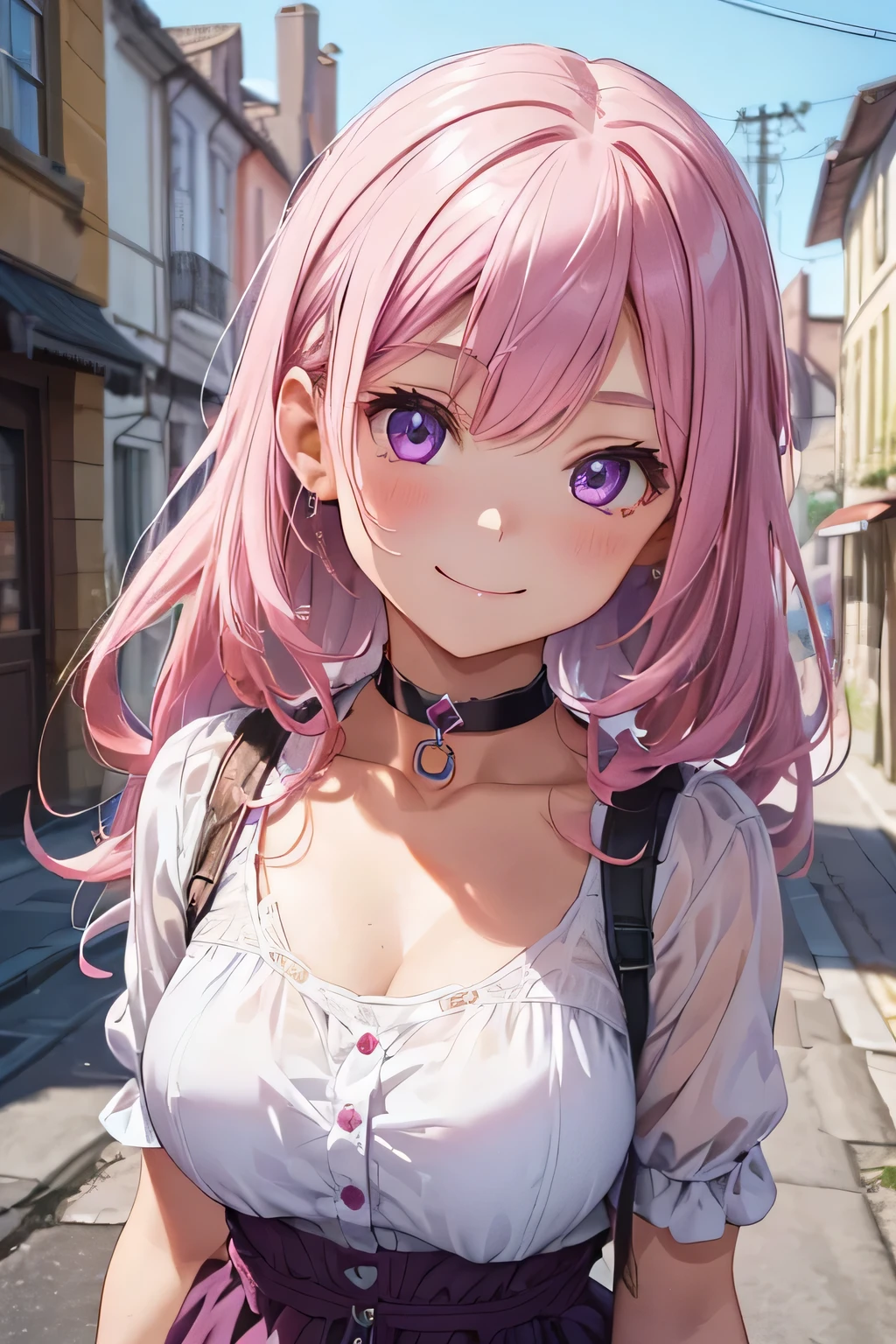 (((highest quality))), ((super detailed)),((very delicate and beautiful)), ((16k)), girl, pink hair, purple eyes, choker (types of necklaces), Wearing cute and adorable costumes, (smile), Background of the cityscape, date, beautiful eyes,
