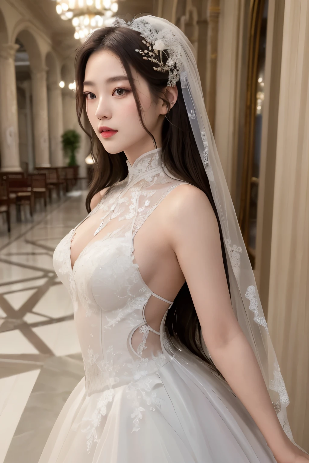 (best quality:1.4), (masterpiece:1.4), (highres:1.2), (extremely detailed:1.2), human body ratio,
1girl, korean girl, (each girl wearing different fashion:1.4), dynamic pose, powerplant, The veiled bride's bride wore a white dress. With a view of the back of the wedding ballroom, Vonzie's name was written on the back 