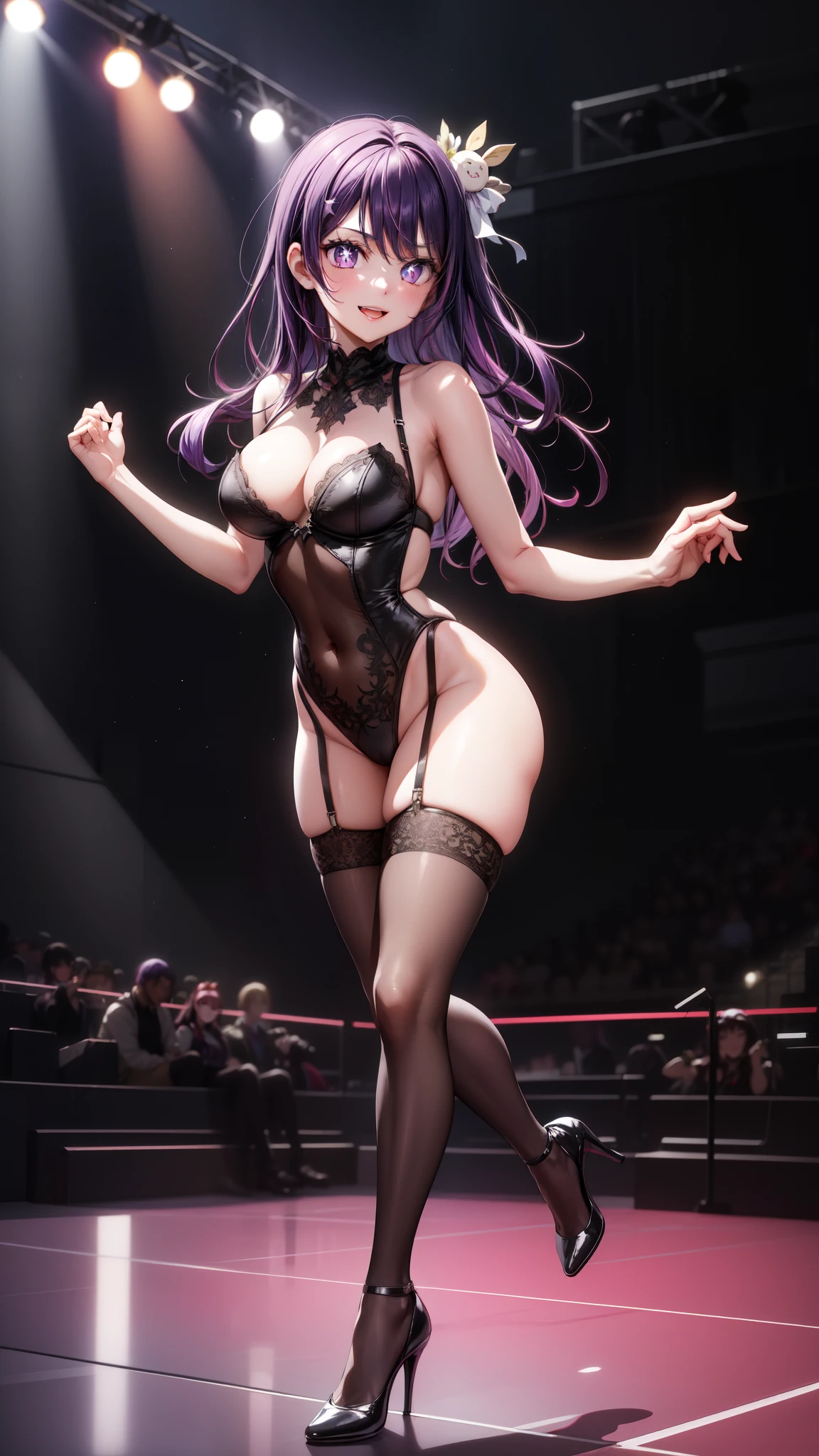anime, beautiful face, highly detailed face, (2 accurate legs:1), purple detailed eyes, star shaped pupils, highly detailed background, perfect stage lighting, best lighting, hair ornament, 1girl, solo, ai hoshino, oshi no ko, indoors, idol concert, performing at a concert, concert arena background, (beautiful purple hair:1.2), absurdres, high res, ultrasharp, 8K, masterpiece, looking at viewer, excited smile, BREAK (detailed black sexy body stockings:1.2), (intricate all lace:1.2), (beautiful black heels:1.2), (transparency:1.4), dancing pose,