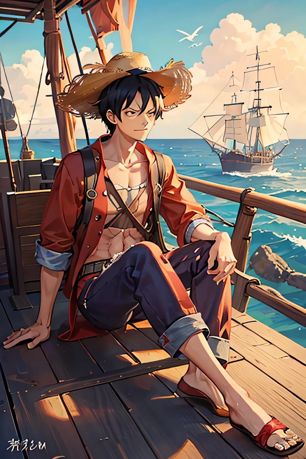 Desenhe uma cena realista do personagem Monkey D. Luffy, o protagonista do anime One Piece, sentado calmamente na proa do Thousand Sunny, seu navio pirata. Luffy is wearing his signature red t-shirt, blue pants, and his iconic straw hat. He is looking at the horizon with a determined and relaxed expression at the same time.. The sun is setting in the background, Painting the sky with warm shades of orange and red. The ship sails smoothly over the blue ocean waters, com suas velas inchadas pelo vento. Ensure character, ship and seascape details are accurate and realistic, with appropriate shadows and lighting to create an immersive and captivating atmosphere