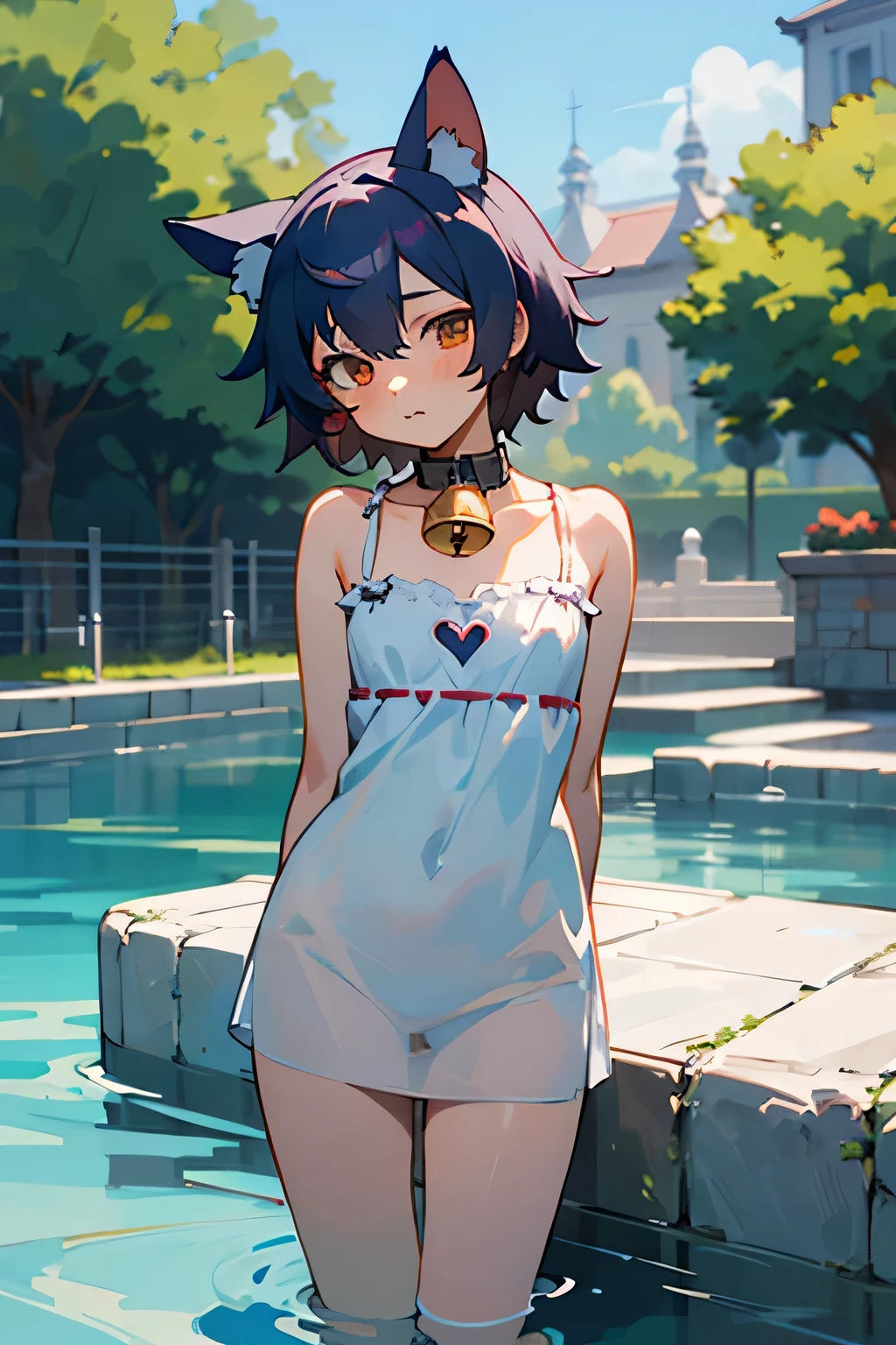 best quality,Very detailed,masterpiece,Super detailed,illustration,{1 girl},{small breasts},{Bare thighs},Put your arms behind your back ,shirt,bell,{kemonomimi_model},{trap},{Heart in eyes},{bath}