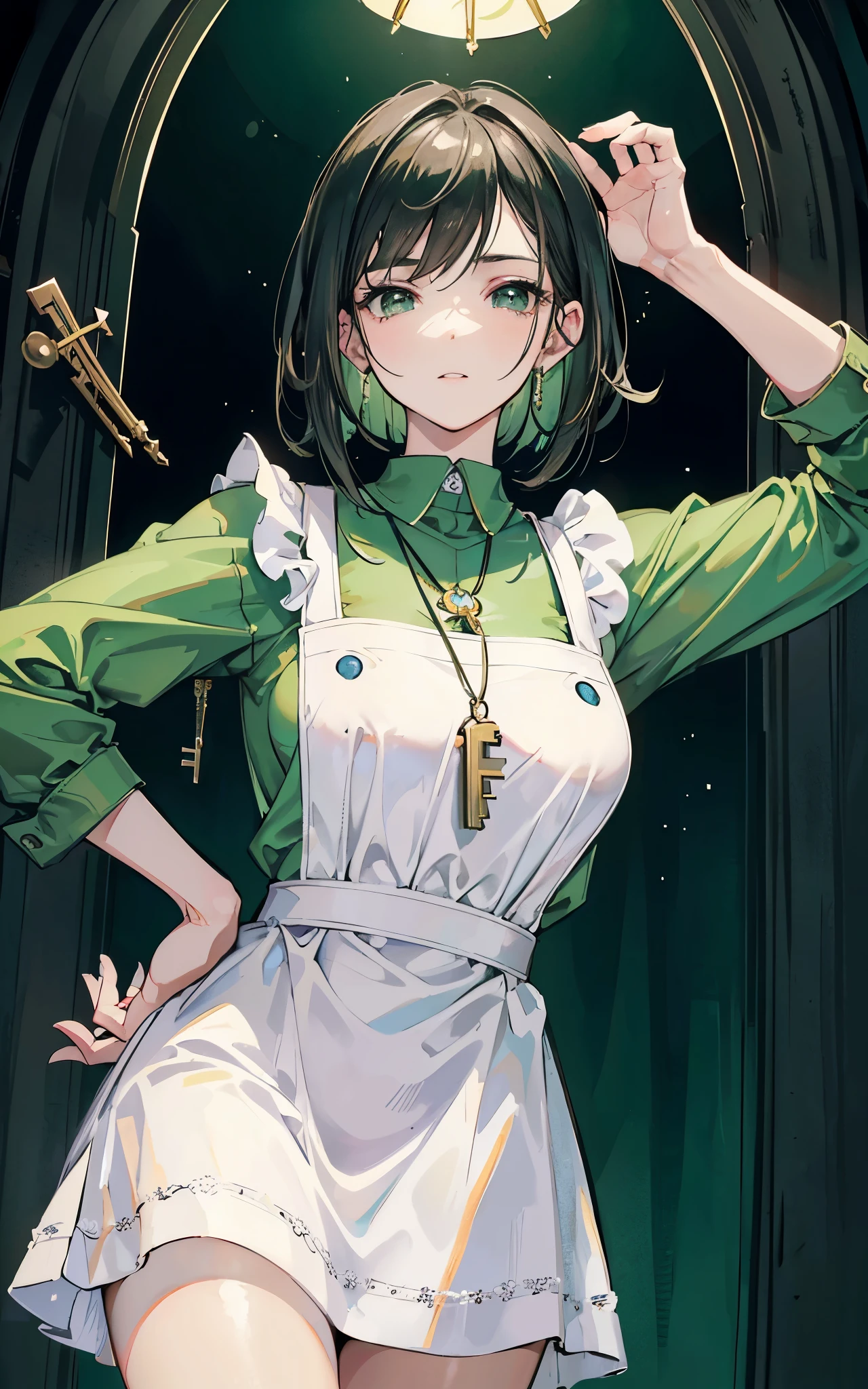 (Dua Lipa:Evangeline Lilly) waitress, ((white apron)), ((green shirt)), 1920 style, masterpiece, Lovecraft atmosphere, (pendant of a key), hyperdetailed, ((rule of thirds))