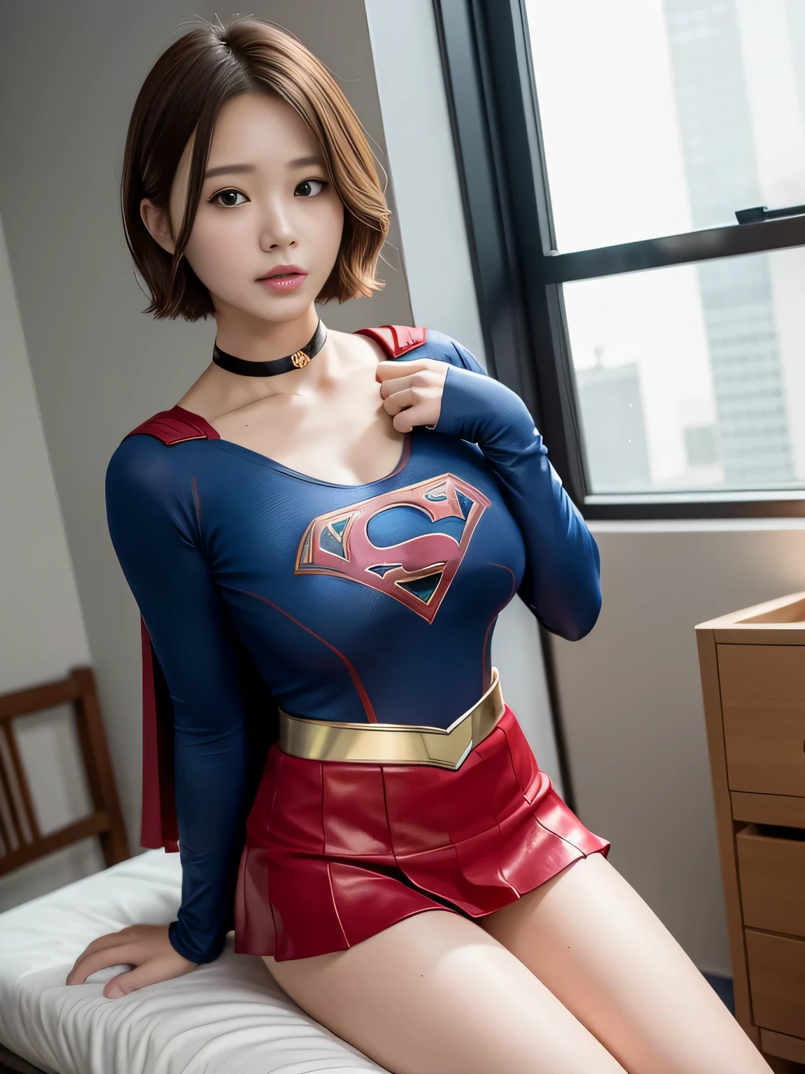 masterpiece、Supergirl costumes、short hair、barefoot、big and full breasts、Experimental Facilities、operating table、straddle、damaged、shiny、look at the camera、Seduce、choker、long sleeve、red mini skirt