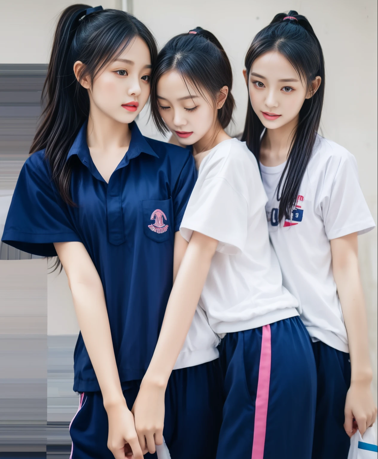 3 girls in fitness center, Navy blue short-sleeved shirt,Navy Long Trackpant,Sweatpants, Sweatpantsขายาว,25 year old girl, lesbian, sexy, exercise clothes, wet body, exercise clothes