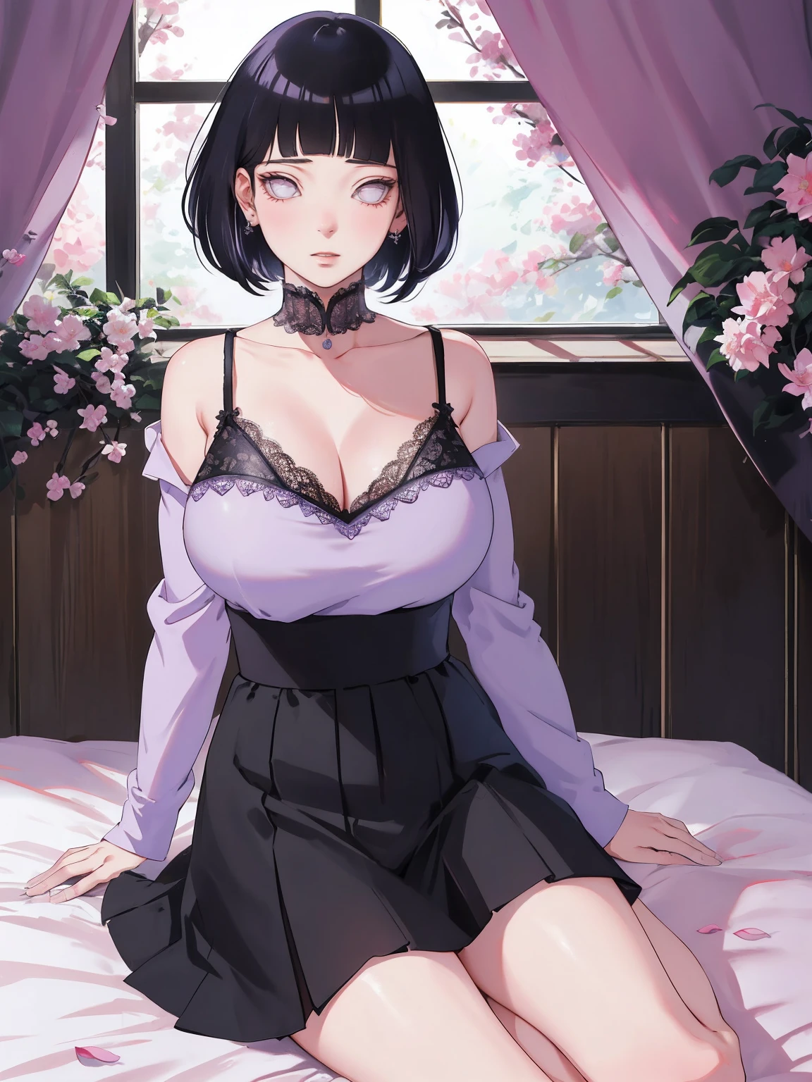 { - ??????? error} (Masterpiece - Ultra-detailed, very high resolution) (huge titusty, masterpiece, absurdres, hinata\(boruto\), 1girl, solo,mature female, off-shoulder bra, high waist black short skirt, looking at viewelling petals), perfect composition, detailed lips, big breast, beautiful face, body propotion, blush, (pink lips), short hair, (black hair), purple eyes, soft gaze, super realistic, detailed, photoshoot, realistic face and body, closed mouth, sitting on the bed , lilac eyes, full body, lace clothes, with chin resting on shoulder, perfect fingers