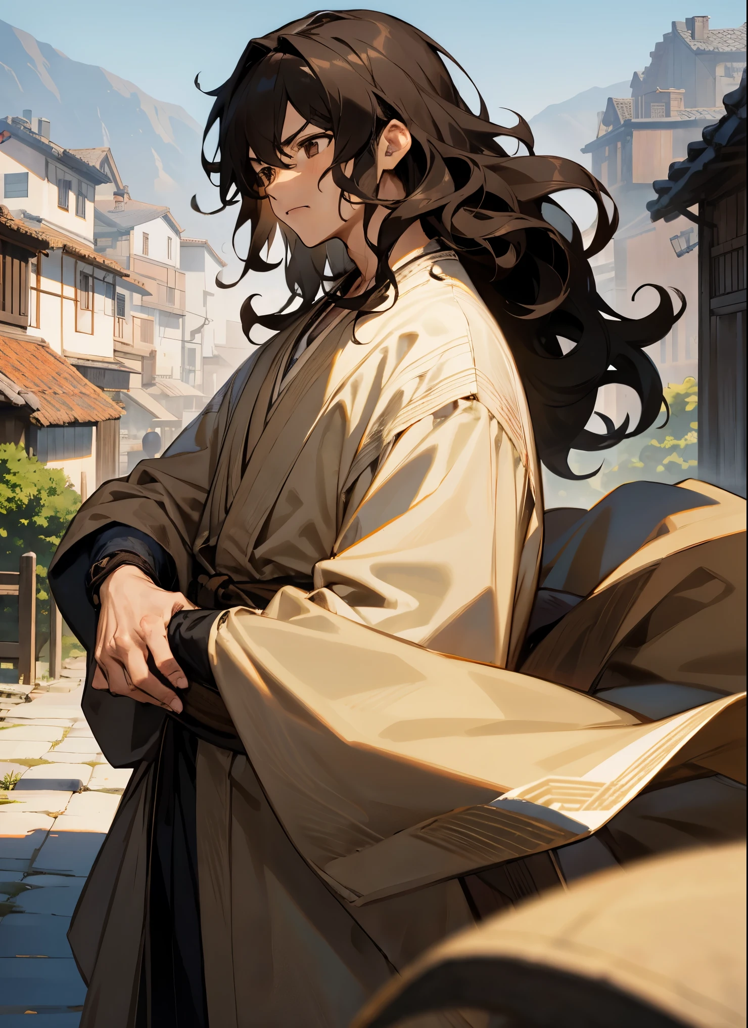 1male , Young Male , Black hair ,Wrapped Wrist, Wavy Hair , Brown eyes , Brown Yukata , Traveler Clothing , Muscular , Serious Expression , Village Background