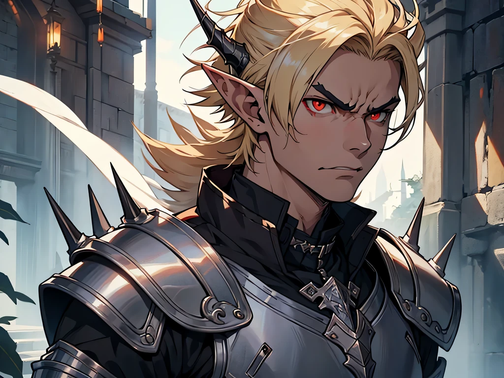 anime eyes, masterpiece, best quality, by professional artist, male, solo, detailed composition, short blond spiky hair with white streak, elf, dragon scales, red eyes, dark medieval armor, angry face