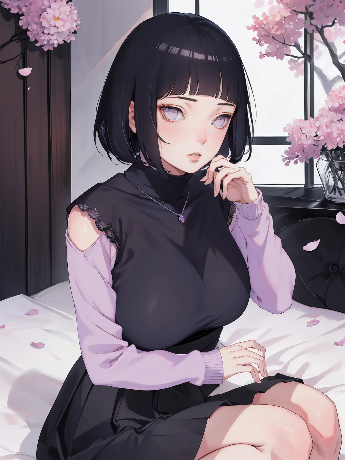 { - anatomy error} (Masterpiece - Ultra-detailed, very high resolution) (huge titusty, masterpiece, absurdres, hinata\(boruto\), 1girl, solo,mature female, off-shoulder bra, high waist black short skirt, looking at viewelling petals), perfect composition, detailed lips, big breast, beautiful face, body propotion, blush, (pink lips), short hair, (black hair), purple eyes, soft gaze, super realistic, detailed, photoshoot, realistic face and body, closed mouth, sitting on the bed , lilac eyes, full body, lace clothes, with chin resting on shoulder, perfect fingers