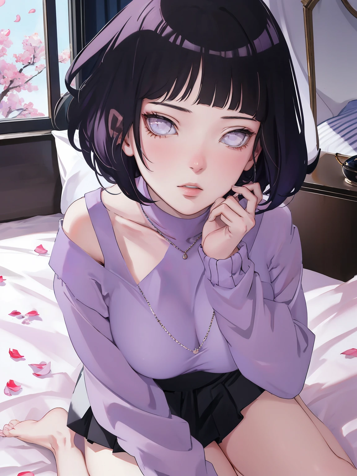 { - anatomy error} (Masterpiece - Ultra-detailed, very high resolution) (huge usty, masterpiece, absurdres, hinata\(boruto\), 1girl, solo,matmale, off-shoulder bra, high waist black short skirt, looking at viewelling petals), perfect composition, detailed lips, big breast, bul face, body propotion, blush, (pink lips), short hair, (black hair), purple eyes, soft gaze, super realistic, detailed, photoshoot, realistic face and body, closed mouth, sitting on the bed , lilac eyes, full body, lace clothes, with chin resting on shoulder, perfect fingers