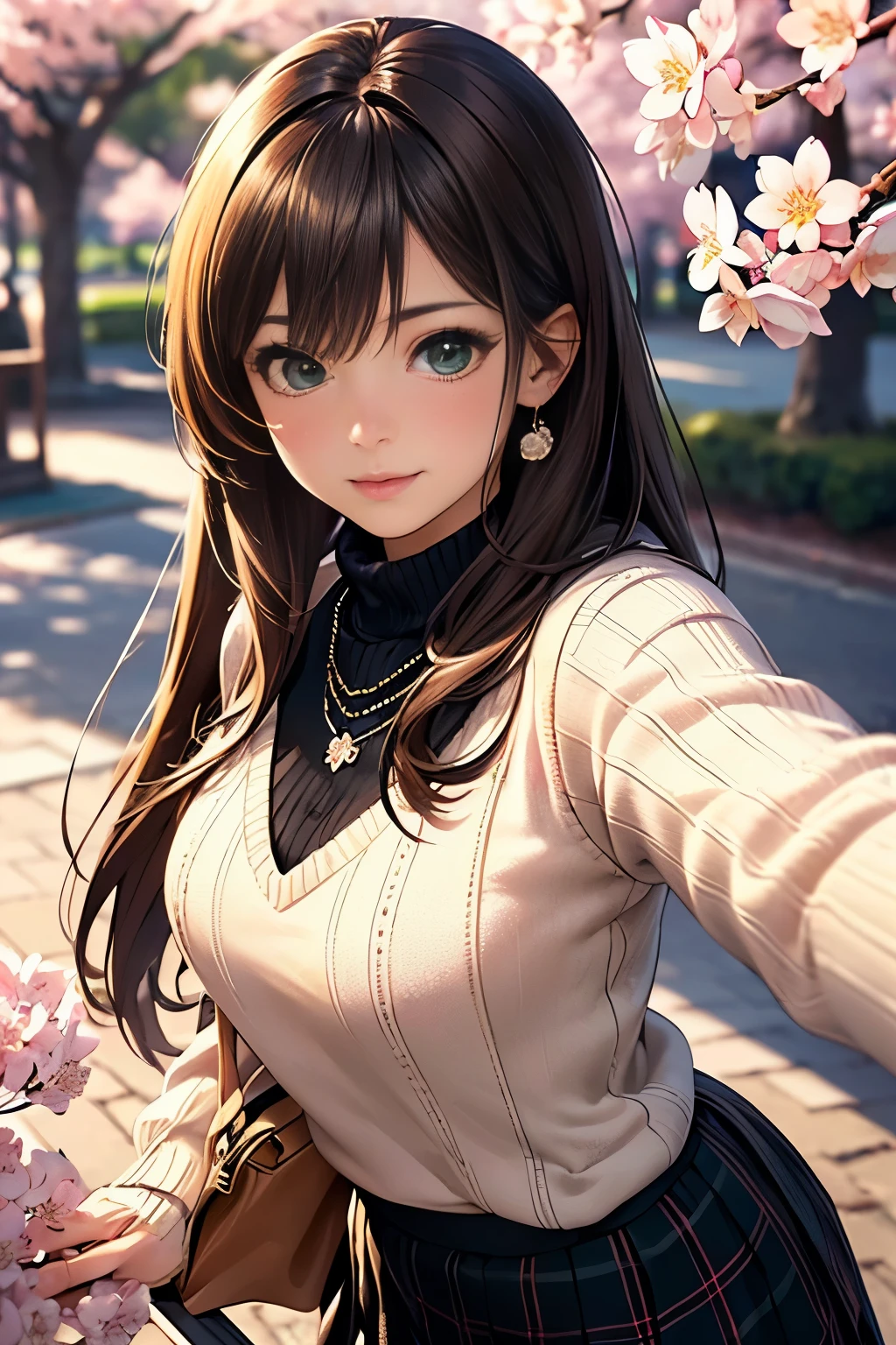 ((table top, highest quality, High resolution, nffsw, perfect pixel, written boundary depth, 4K, nffsw, nffsw))), 1 girl, single, alone, beautiful anime girl, beautiful art style, anime character, ((long hair, bangs, brown hair)), ((green eyes:1.4, round eyes, beautiful eyelashes, realistic eyes)), ((detailed face, blush:1.2)), ((smooth texture:0.75, realistic texture:0.65, realistic:1.1, Anime CG style)),  dynamic angle,  ((throw, Selfie Pose, portrait)), ((Black sweater, long sleeve, black skirt, plaid skirt, Fashionable, 1 diamond necklace)), smile,  amusement park, ((cherry blossoms, cherry blossomsの花が散る))