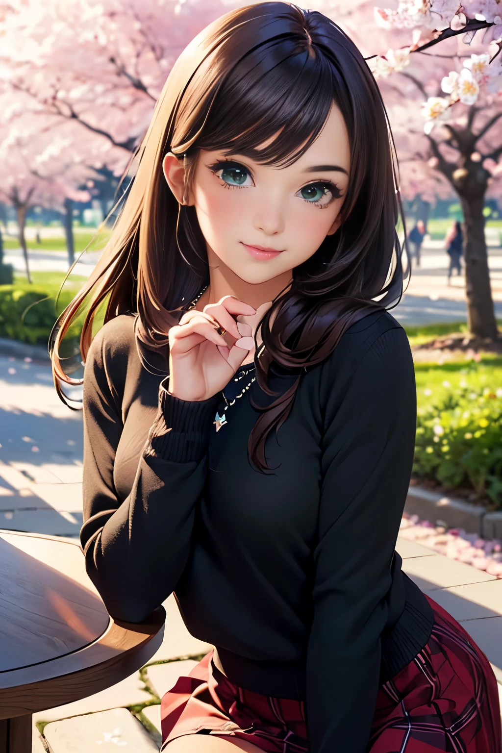 ((table top, highest quality, High resolution, nffsw, perfect pixel, written boundary depth, 4K, nffsw, nffsw))), 1 girl, single, alone, beautiful anime girl, beautiful art style, anime character, ((long hair, bangs, brown hair)), ((green eyes:1.4, round eyes, beautiful eyelashes, realistic eyes)), ((detailed face, blush:1.2)), ((smooth texture:0.75, realistic texture:0.65, realistic:1.1, Anime CG style)),  dynamic angle,  ((throw, Selfie Pose, portrait)), ((Black sweater, long sleeve, black skirt, plaid skirt, Fashionable, 1 diamond necklace)), smile,  amusement park, ((cherry blossoms, cherry blossomsの花が散る))