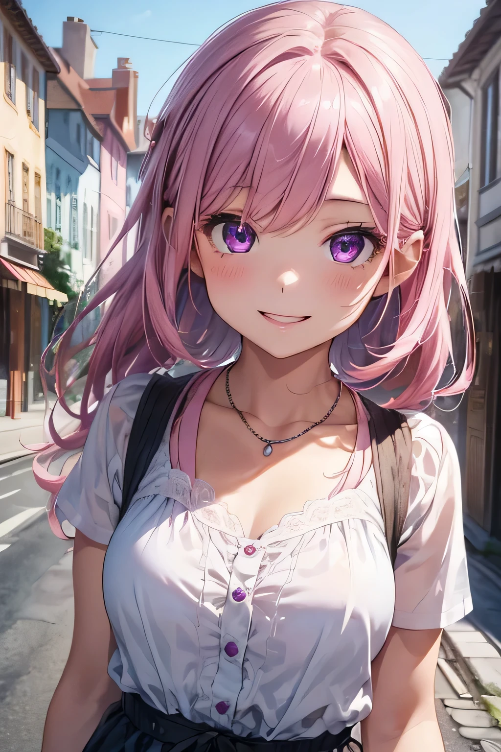(((highest quality))), ((super detailed)),((very delicate and beautiful)), ((16k)), girl, pink hair, purple eyes, necklace, Wearing cute and adorable costumes, (smile), Background of the cityscape, date, beautiful eyes, open your mouth,