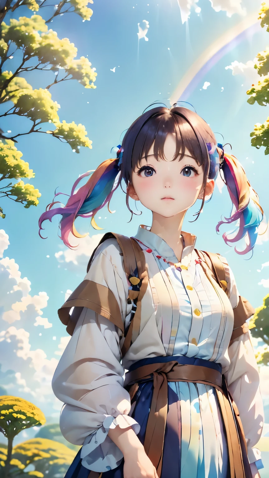 (((Floating in the sky:1.2、one girl、Stand on the clouds)))、Magical girl、Pastel clouds、perfect anatomy、small face、small nose、plump lips、twin tails、rainbow colored hair、Messy clothes、disheveled clothing、unreasonable、Shooting in the sky、(((背景はPastel clouds:1.5、rainbow、blurred background)))、highest quality、High resolution、High resolution、cinematic lighting、professional photographer