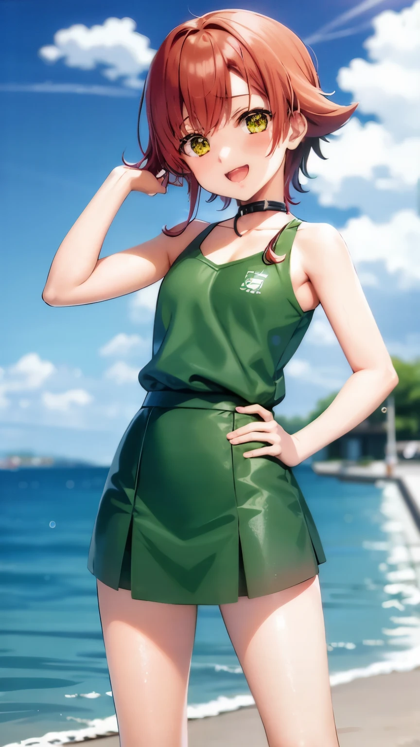 Highest image quality、real image、Anime girl with red hair and green clothes standing on the dock, Makoto, fubuki, Gainax anime style, shinkai Makoto, Another close up of Iwakura, chiho aoshima color scheme, chihiro! fujisaki, Inspired by Rei Kamoi, Tatsumaki, Makoto kano, Makoto shinka, Kantai Collection Style