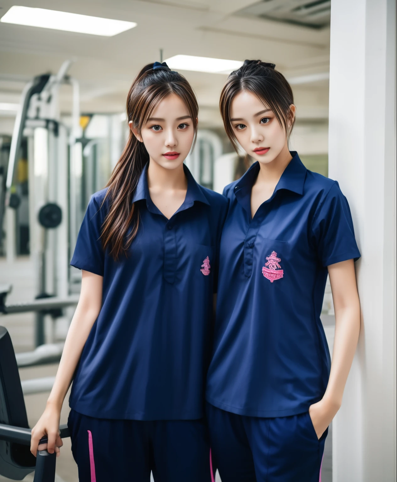 3 girls in fitness center, Navy blue short-sleeved shirt,Navy Long Trackpant,Sweatpants, Sweatpantsขายาว,25 year old girl, lesbian, sexy, exercise clothes, wet body, exercise clothes