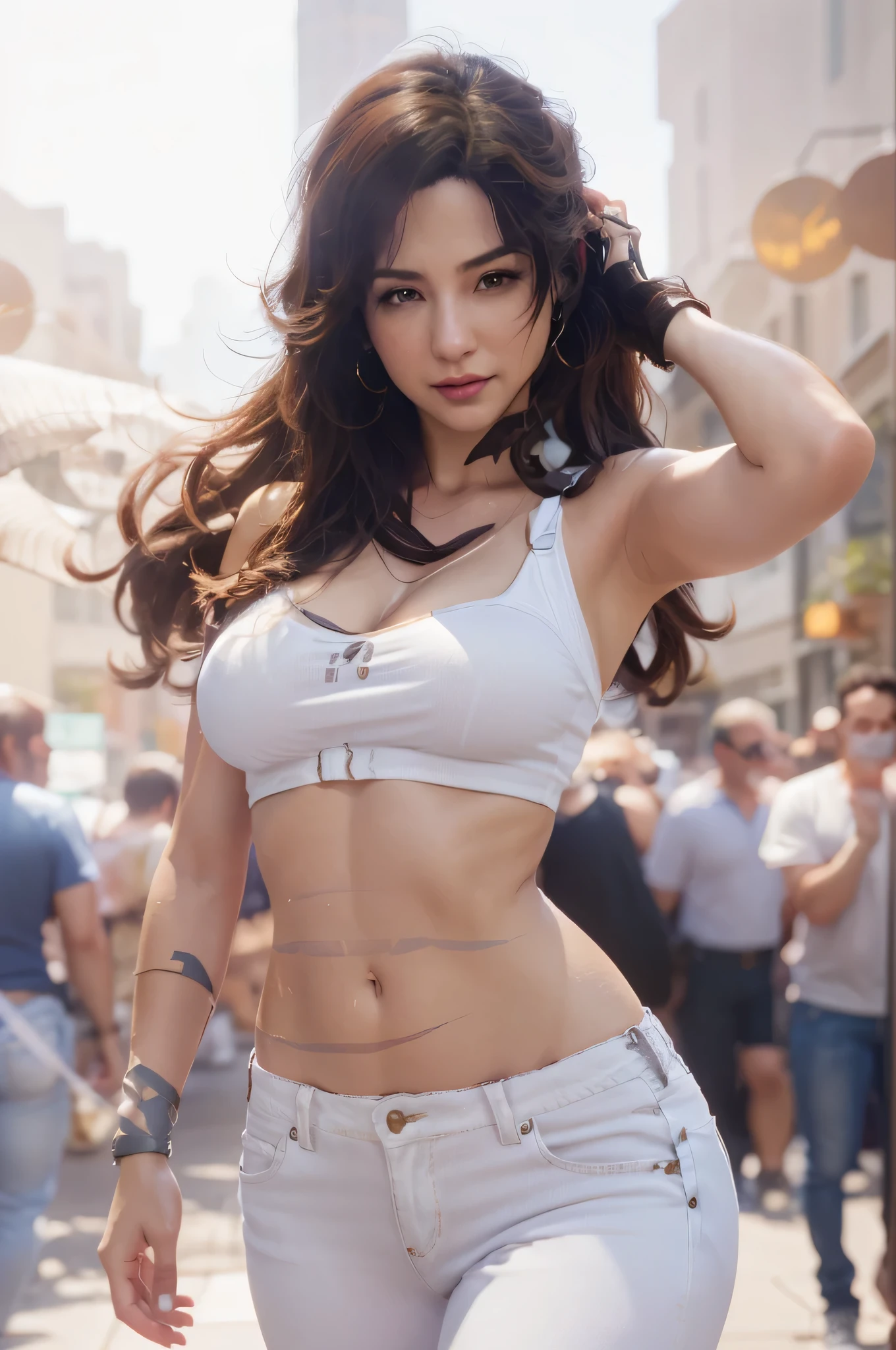 arafed woman in a white top and jeans posing for a picture, tifa lockhart, tifa, seductive tifa lockhart portrait, tifa lockheart, senna from league of legends, tifa lockhart portrait, 3 d render character art 8 k, ross tran 8 k, glamorous tifa lockheart, trending on artstation 4k, trending on artstation hd