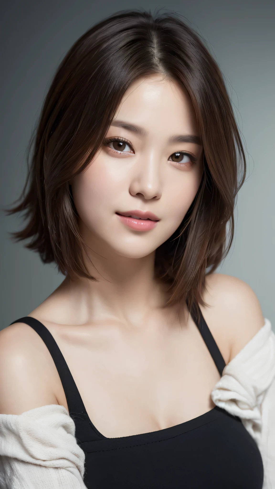 1woman, (Ultra realistic, high res), (highly detailed eyes, highly detailed hair, highly detailed face, highly detailed plump lips), (off shoulder), upper body, caute smile, (best quality:1.4), Raw photo, (realistic, photo-realistic:1.37), professional photography, cinematic light, (fine face: 1.2),