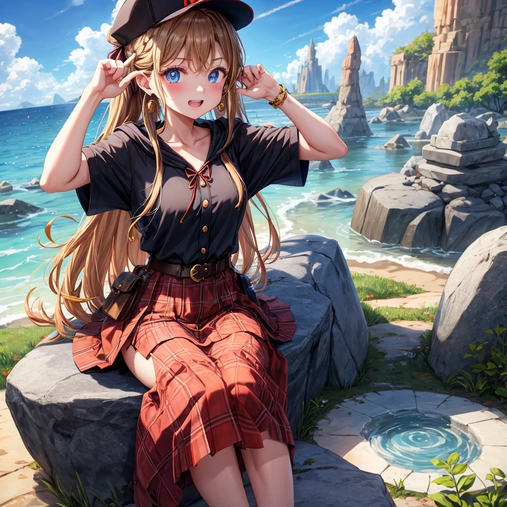 reddish-brown blonde、blue eyes、Braid、ponytail、one good looking girl、solo、anime、Plaid miniskirt、the skirt has buttons、camisole、black t-shirt、dress、Doing the ribbon、Ribbon at waist、cloak、Crystal Grotto、hood、desert、clouds are swirling、stone slabs are piled up、One hand is raised、Wearing a baseball cap 、crystal earrings、sun、sitting、gold coin、teeth are visible、Waist Pouch