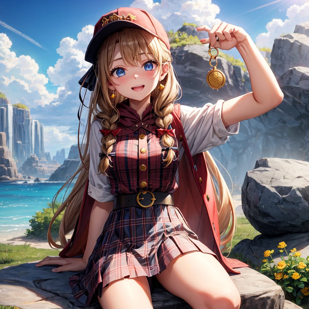 reddish-brown blonde、blue eyes、Braid、ponytail、one good looking girl、solo、anime、Plaid miniskirt、the skirt has buttons、camisole、black t-shirt、dress、Doing the ribbon、Ribbon at waist、cloak、Crystal Grotto、hood、desert、clouds are swirling、stone slabs are piled up、One hand is raised、Wearing a baseball cap 、crystal earrings、sun、sitting、gold coin、teeth are visible