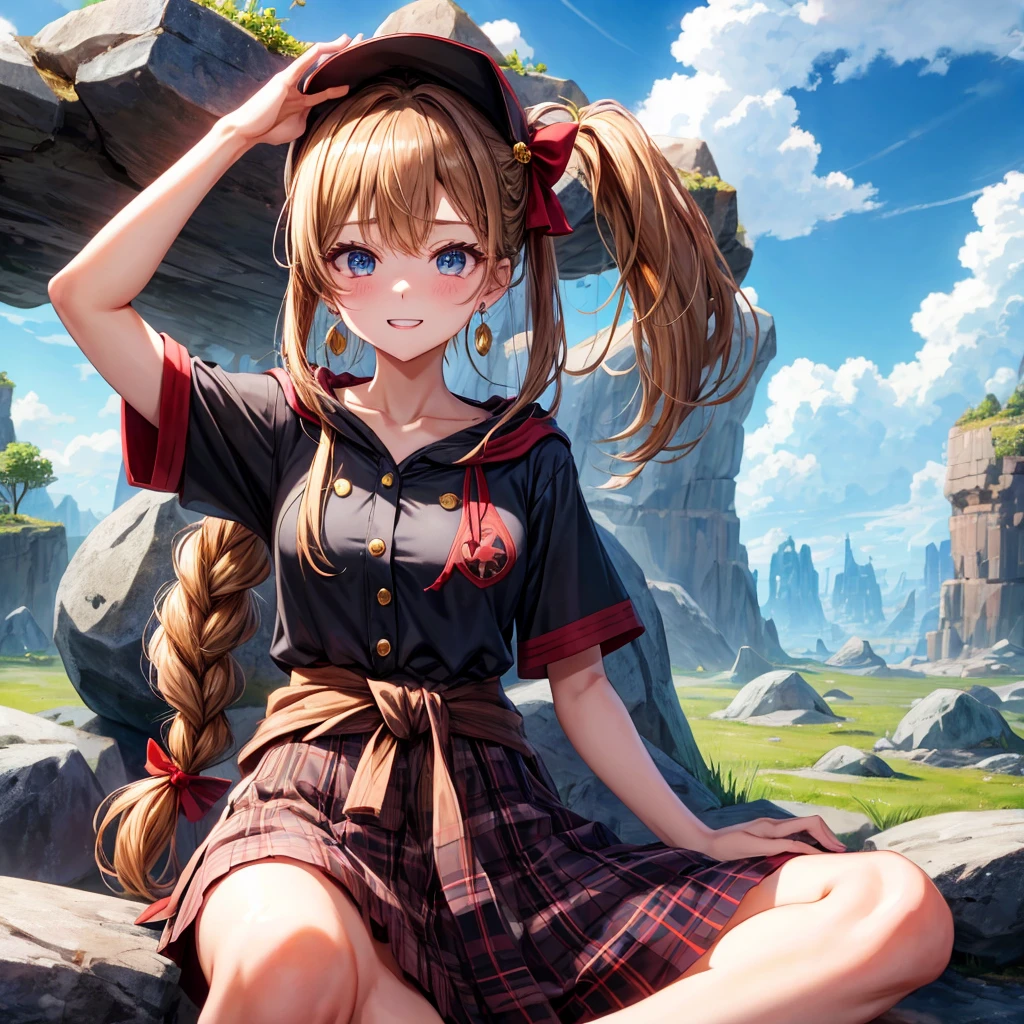 reddish-brown blonde、blue eyes、Braid、ponytail、one good looking girl、solo、anime、Plaid miniskirt、the skirt has buttons、camisole、black t-shirt、dress、Doing the ribbon、Ribbon at waist、cloak、Crystal Grotto、hood、desert、clouds are swirling、stone slabs are piled up、One hand is raised、Wearing a baseball cap 、crystal earrings、sun、sitting、gold coin、teeth are visible