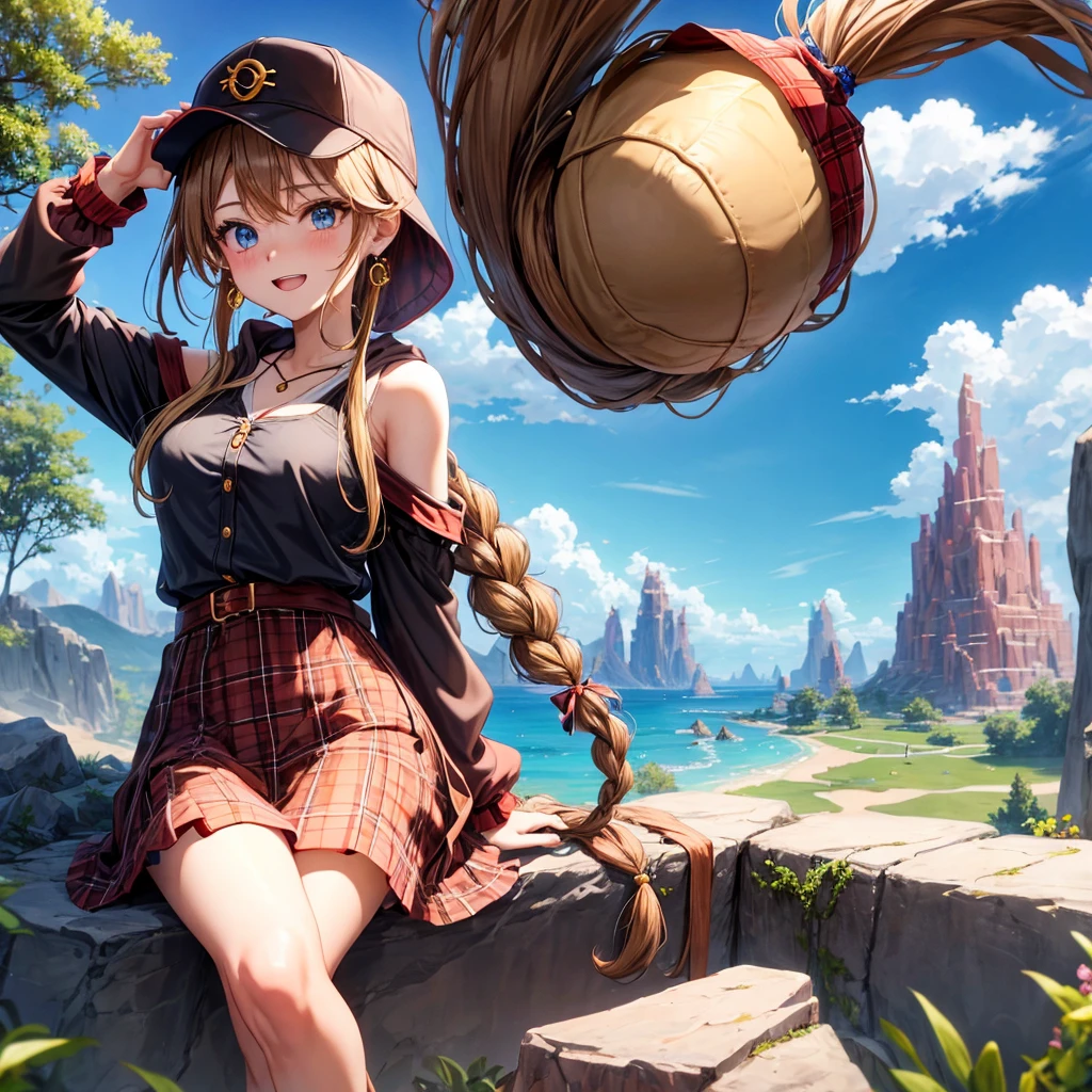 reddish-brown blonde、blue eyes、Braid、ponytail、one good looking girl、solo、anime、Plaid miniskirt、the skirt has buttons、camisole、black t-shirt、dress、Doing the ribbon、Ribbon at waist、cloak、Crystal Grotto、hood、desert、clouds are swirling、stone slabs are piled up、One hand is raised、Wearing a baseball cap 、crystal earrings、sun、sitting、gold coin、teeth are visible