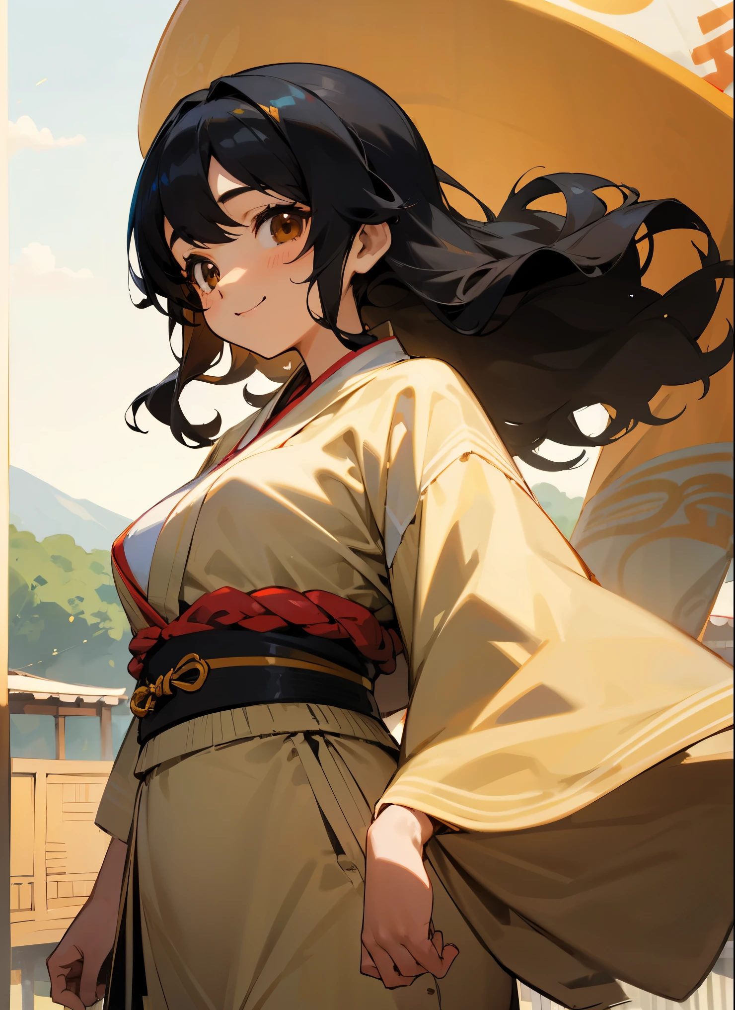 1female , Young Female , Curvy, Black hair ,Wrapped Wrist, Wavy Hair , Brown eyes , Festival Kemono , Festival Clothing , Happy Expression , Village Background