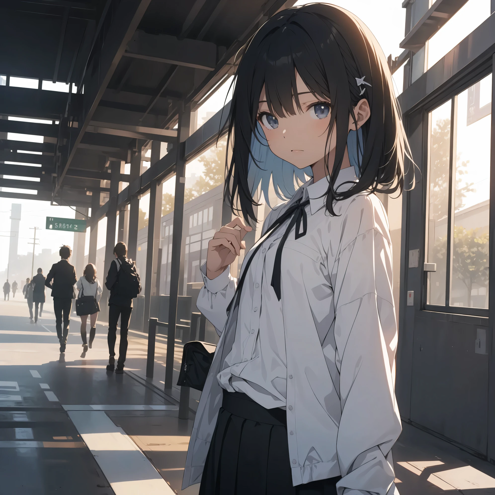 Super high quality by the art god, super detailed, High resolution, anime moe art style, best anime 8K konachan wallpaper, pixiv contest winner, perfect anatomy, break,(眠そうにalone学校へ行く女の子を描いてください. )break, 1 girl, (alone,little woman, lolita, , :1.3),All limbs, full finger,, The charm of an immature body, (very short hair), flat chest, small ass, between legs, Small black eyes, beautiful and fine eyes, Well-proportioned iris and pupils, expressive eyes, High resolutionの詳細な髪, ribbon, skirt, collared shirt, hair ornaments, neck ribbon, pleated skirt, school uniform, shirt, white shirt, (detailed lighting), (detailed background), On the way to school. break,super dense skin, Best lighting by famous artists, 8K, figure,UHD, rough skin