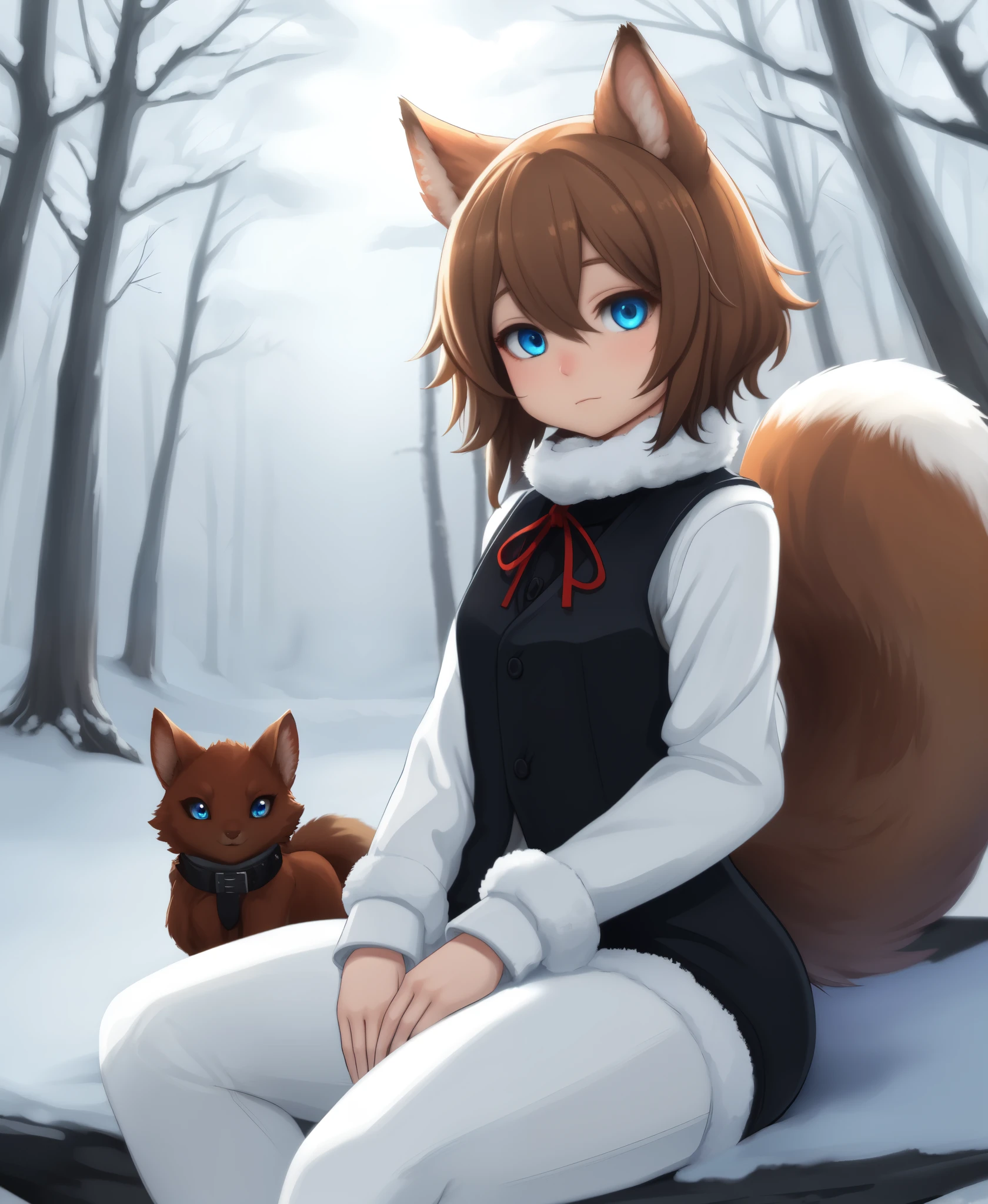 Solo, girl, female, young, cute [squirrel], fluffy and soft to the touch with a bushy tail wrapped around her as she sits in the snow. Vibrant blue eyes sparkle amidst a frosty forest setting. With short, light brown fur dusted by snowflakes; she wears a sleek black vest snug over her small frame. A golden ribbon graces her neck like a collar of sunlight peeking through wintry clouds, by  foxovh:1.3), by  personalami, by  einshelm:1.7), by  tom_fischbach:0.2), by  zackary911, by majmajor:0.6), by Syuro, by wolfwithwing, by hanuvo, by tabhead:0.1), by zinfyu:1.1), by seraziel:0.9,