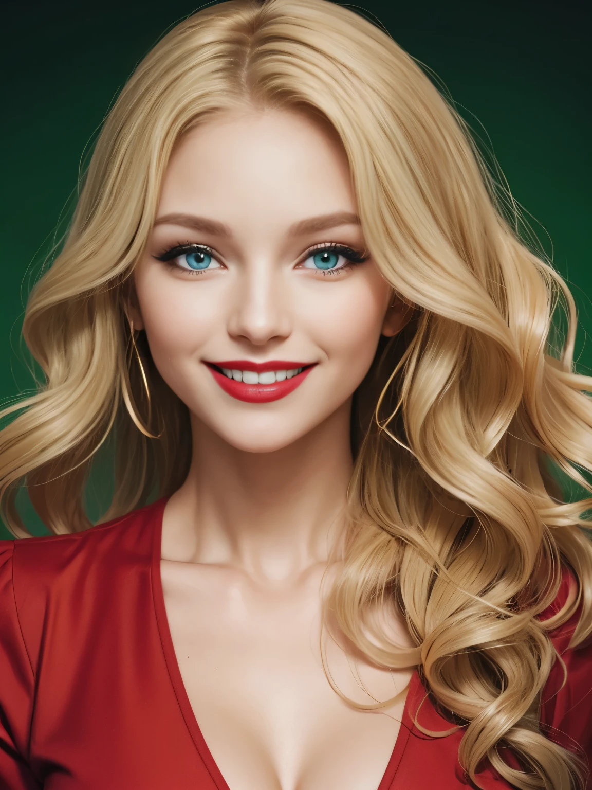 Caucasian woman, blonde hair, wavy hair, long hair, outlined green eyes, red lipstick, smile,
