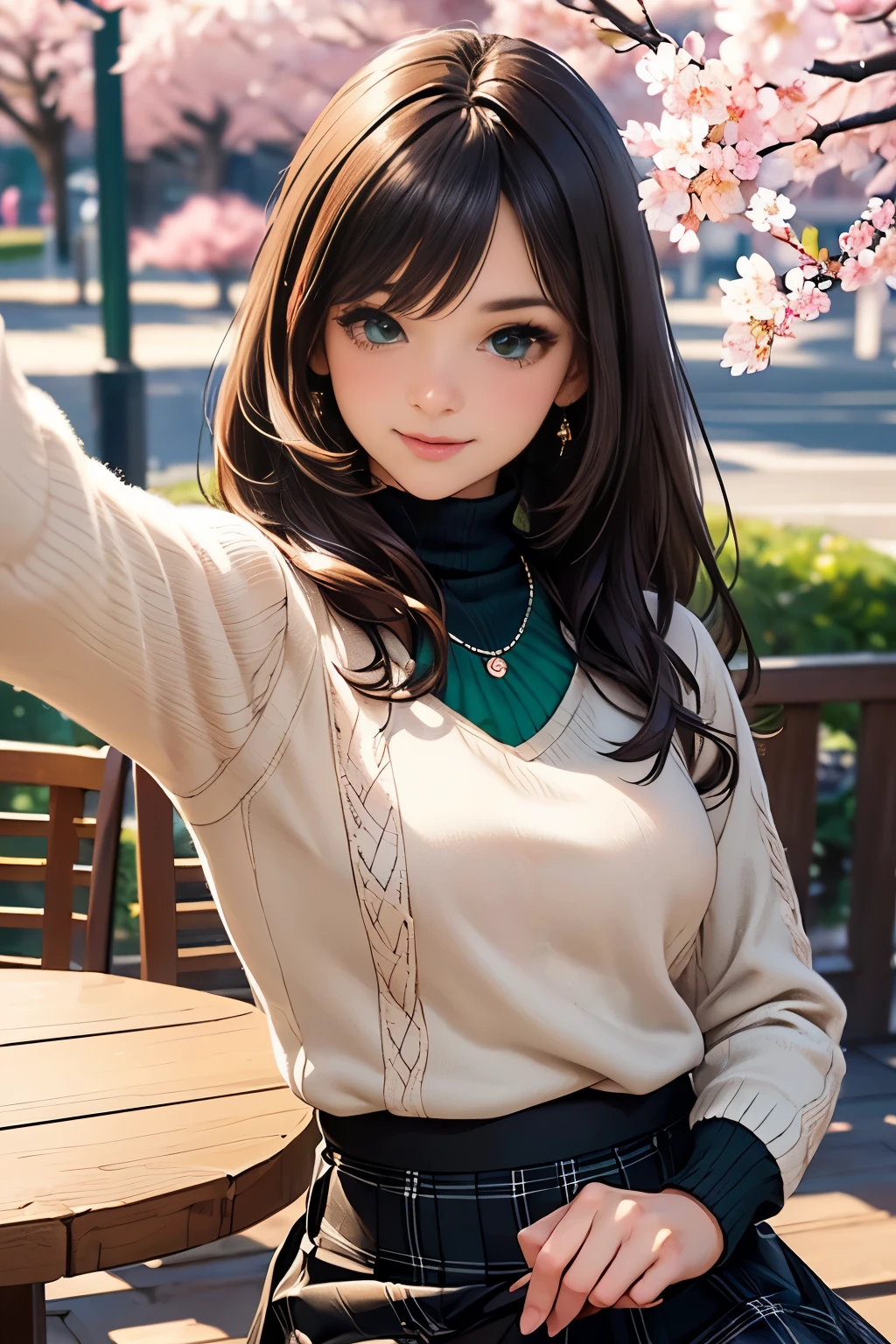 ((table top, highest quality, High resolution, nffsw, perfect pixel, written boundary depth, 4K, nffsw, nffsw))), 1 girl, single, alone, beautiful anime girl, beautiful art style, anime character, ((long hair, bangs, brown hair)), ((green eyes:1.4, round eyes, beautiful eyelashes, realistic eyes)), ((detailed face, blush:1.2)), ((smooth texture:0.75, realistic texture:0.65, realistic:1.1, Anime CG style)), dynamic angle, ((throw, Selfie Pose, portrait)), ((white sweater, long sleeve, black skirt, plaid skirt, Fashionable, 1 handbag, 1 diamond necklace)), smile, amusement park, ((cherry blossoms, cherry blossomsの花が散る))