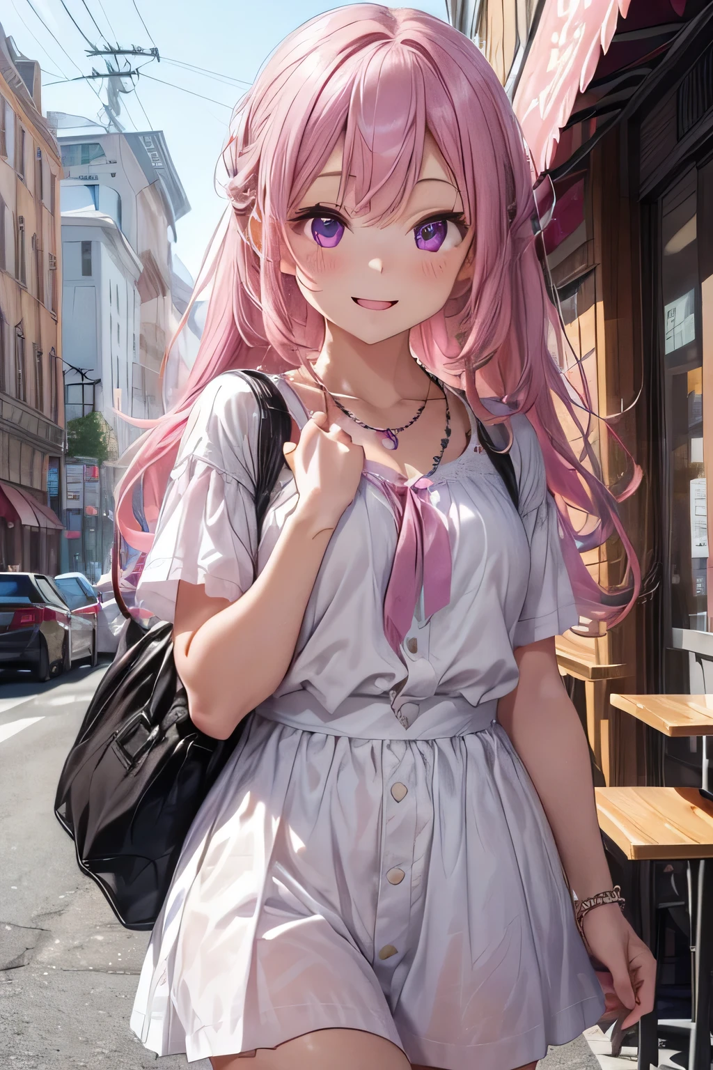 (((highest quality))), ((super detailed)),((very delicate and beautiful)), ((16k)), girl, pink hair, purple eyes, necklace, Wearing cute and adorable costumes, (smile), restaurant, lunch, date, beautiful eyes, open your mouth,
