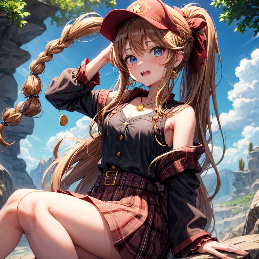 reddish-brown blonde、blue eyes、Braid、ponytail、one good looking girl、solo、anime、Plaid miniskirt、the skirt has buttons、camisole、black t-shirt、dress、Doing the ribbon、Ribbon at waist、cloak、Crystal Grotto、hood、desert、clouds are swirling、stone slabs are piled up、One hand is raised、Wearing a baseball cap 、crystal earrings、sun、sitting、gold coin、teeth are visible