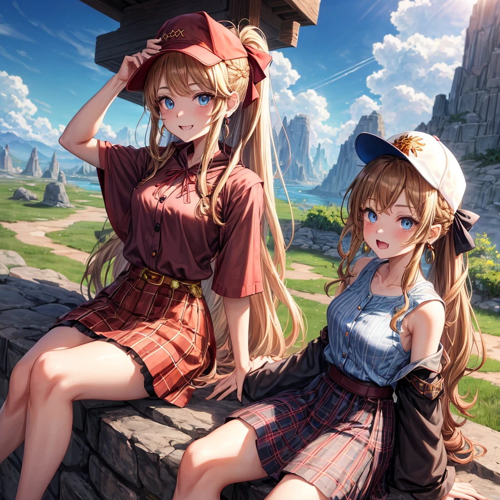 reddish-brown blonde、blue eyes、Braid、ponytail、one good looking girl、solo、anime、Plaid miniskirt、the skirt has buttons、camisole、black t-shirt、dress、Doing the ribbon、Ribbon at waist、cloak、Crystal Grotto、hood、desert、clouds are swirling、stone slabs are piled up、One hand is raised、Wearing a baseball cap 、crystal earrings、sun、sitting、gold coin、teeth are visible
